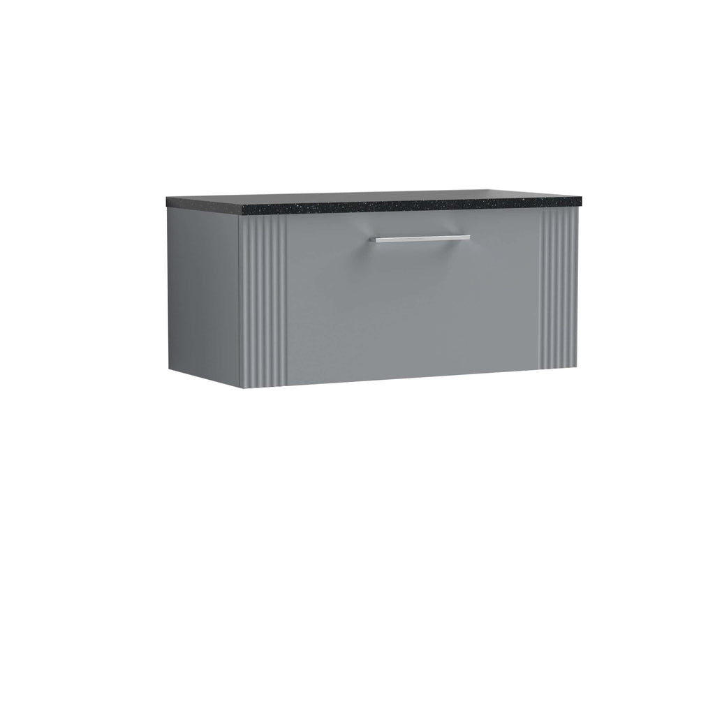 Sleek modern bathroom vanity with a grey finish, minimalist design, and a black granite countertop for stylish bathroom storage solutions.