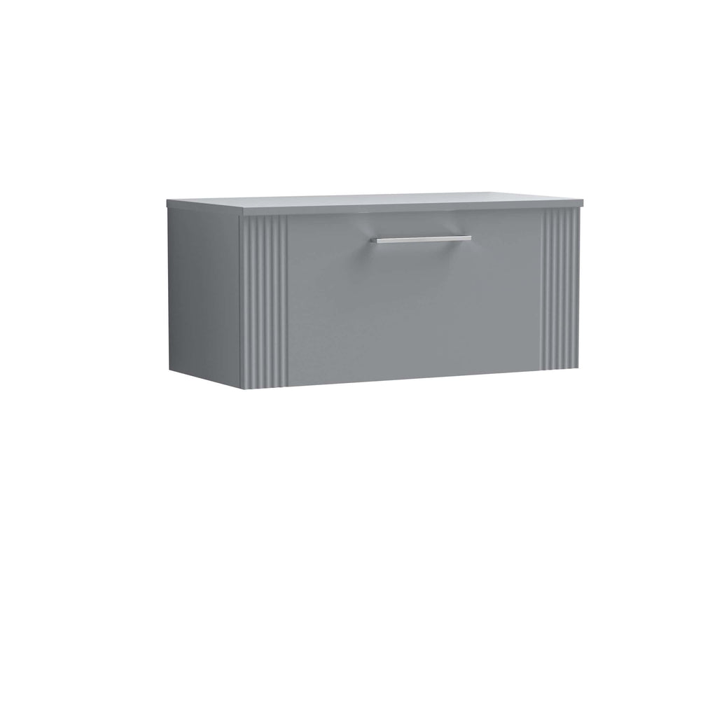 Sleek grey bathroom vanity cabinet with ribbed side panels and a modern metallic handle, ideal for contemporary bathroom storage solutions.