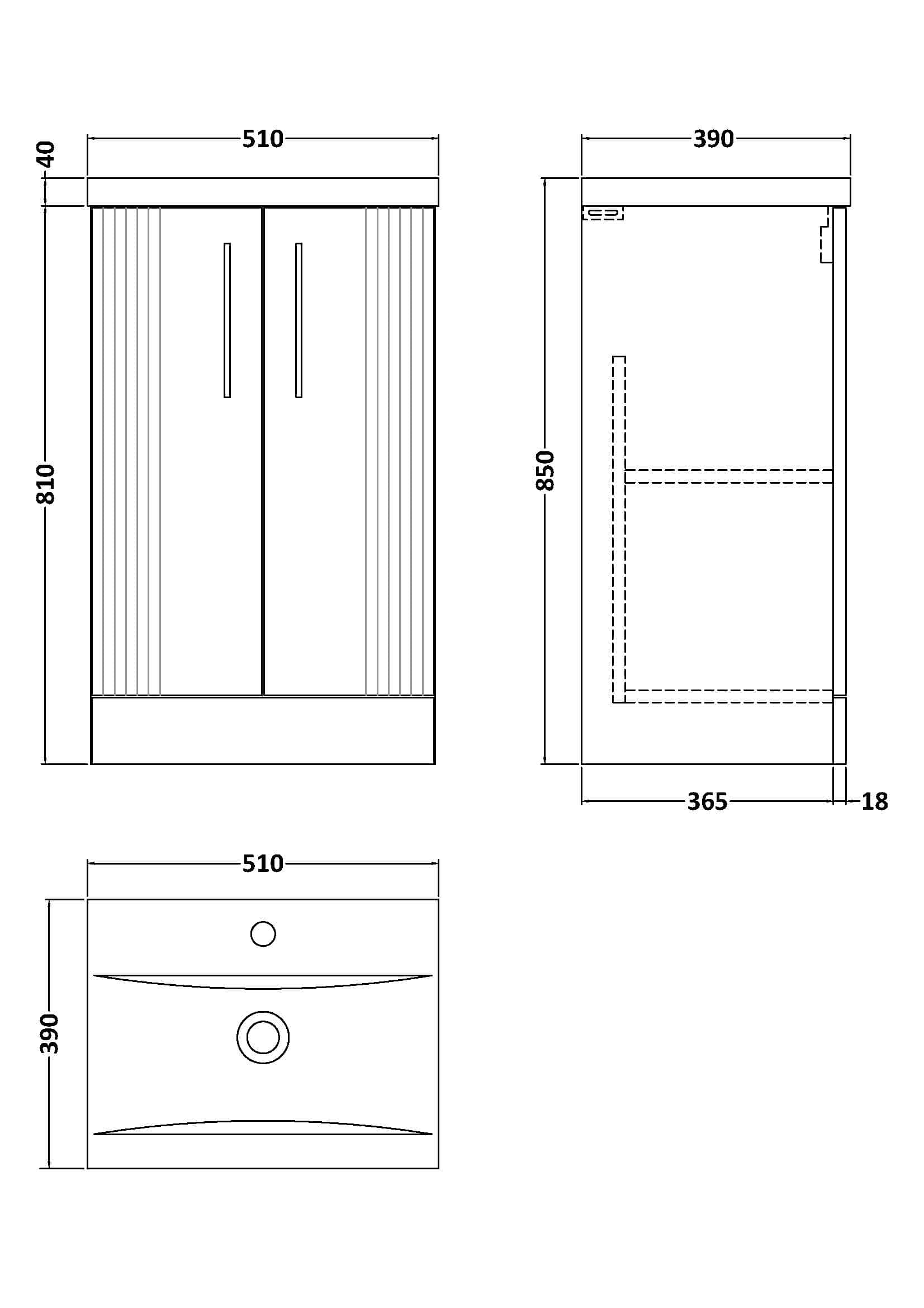 Sleek modern bathroom cabinet with vertical slatted doors, dimensions 510mm x 810mm, ideal for bathroom storage and organisation. Durable build with stylish design for contemporary bathrooms.