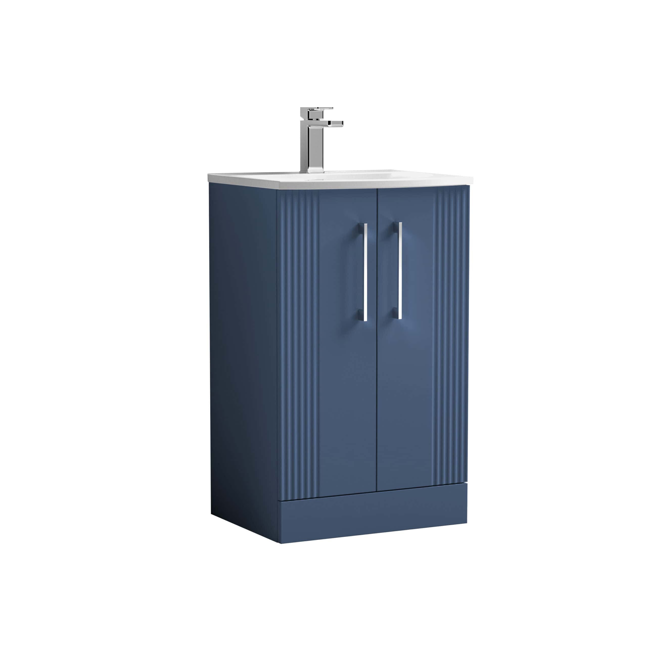Blue bathroom vanity unit with a white sink and modern chrome tap, ideal for contemporary bathroom designs, offering practical storage and stylish aesthetics.