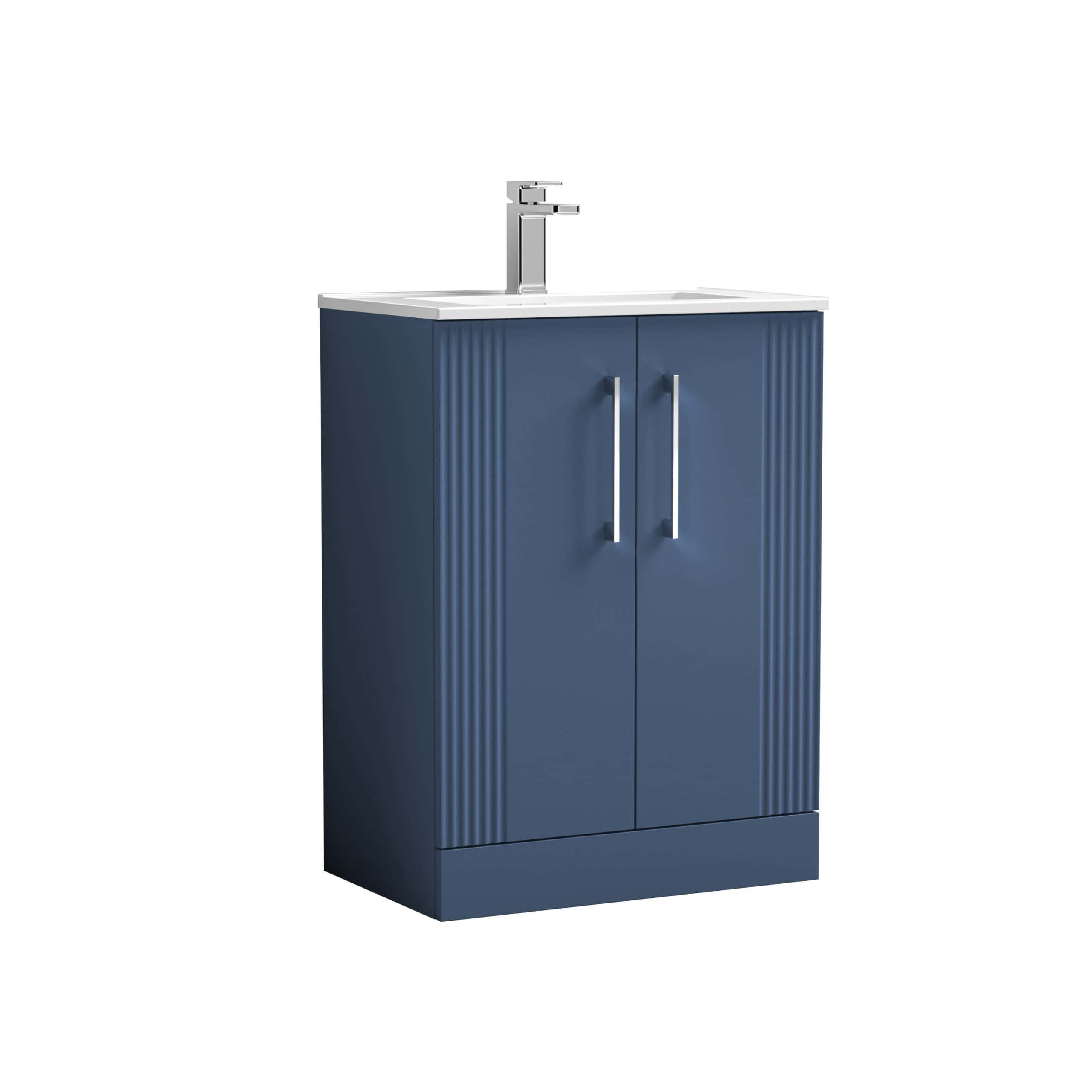 Blue bathroom vanity unit with integrated sink and modern chrome tap, ideal for contemporary bathroom designs. Stylish storage solution with sleek handles, perfect for bathroom organisation.
