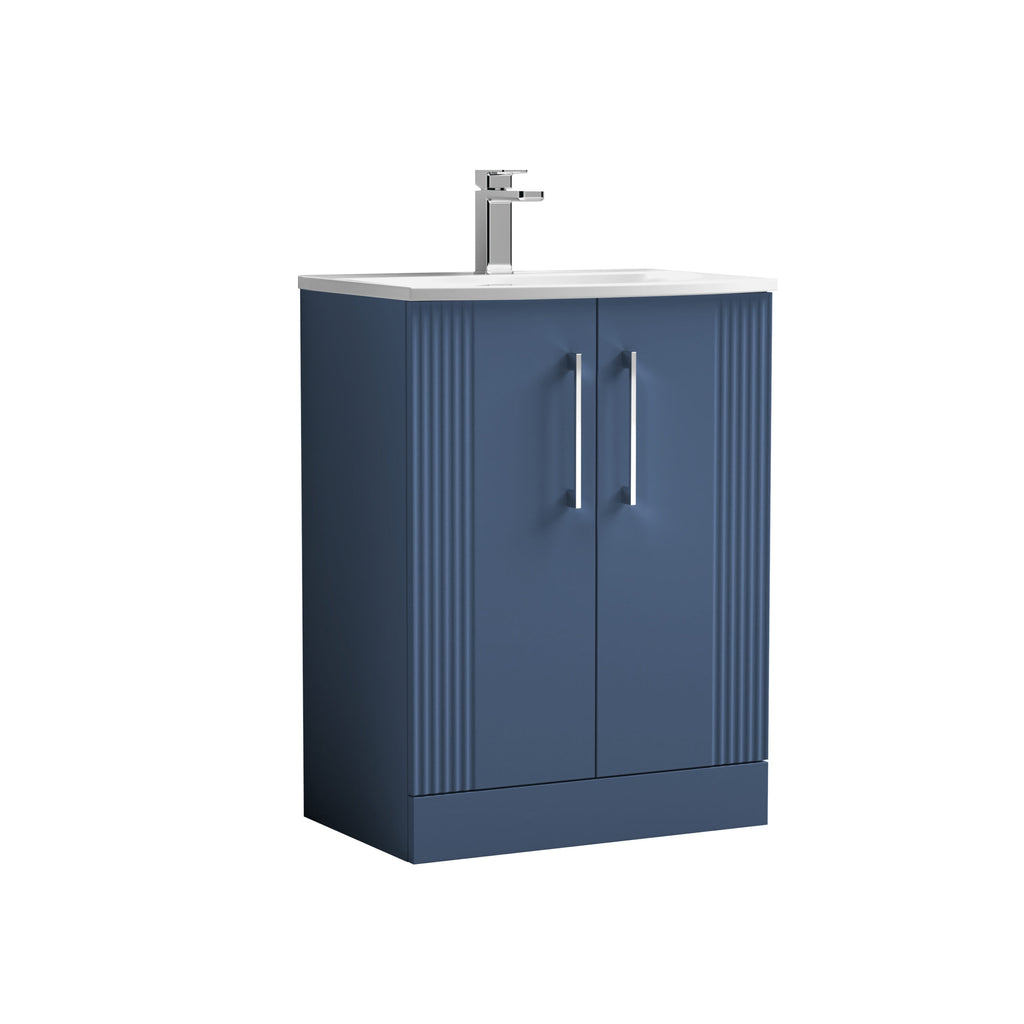 Blue bathroom vanity cabinet with integrated sink and modern chrome faucet. Perfect for contemporary bathroom or ensuite renovation. Durable, stylish storage solution for toiletries and cleaning supplies.