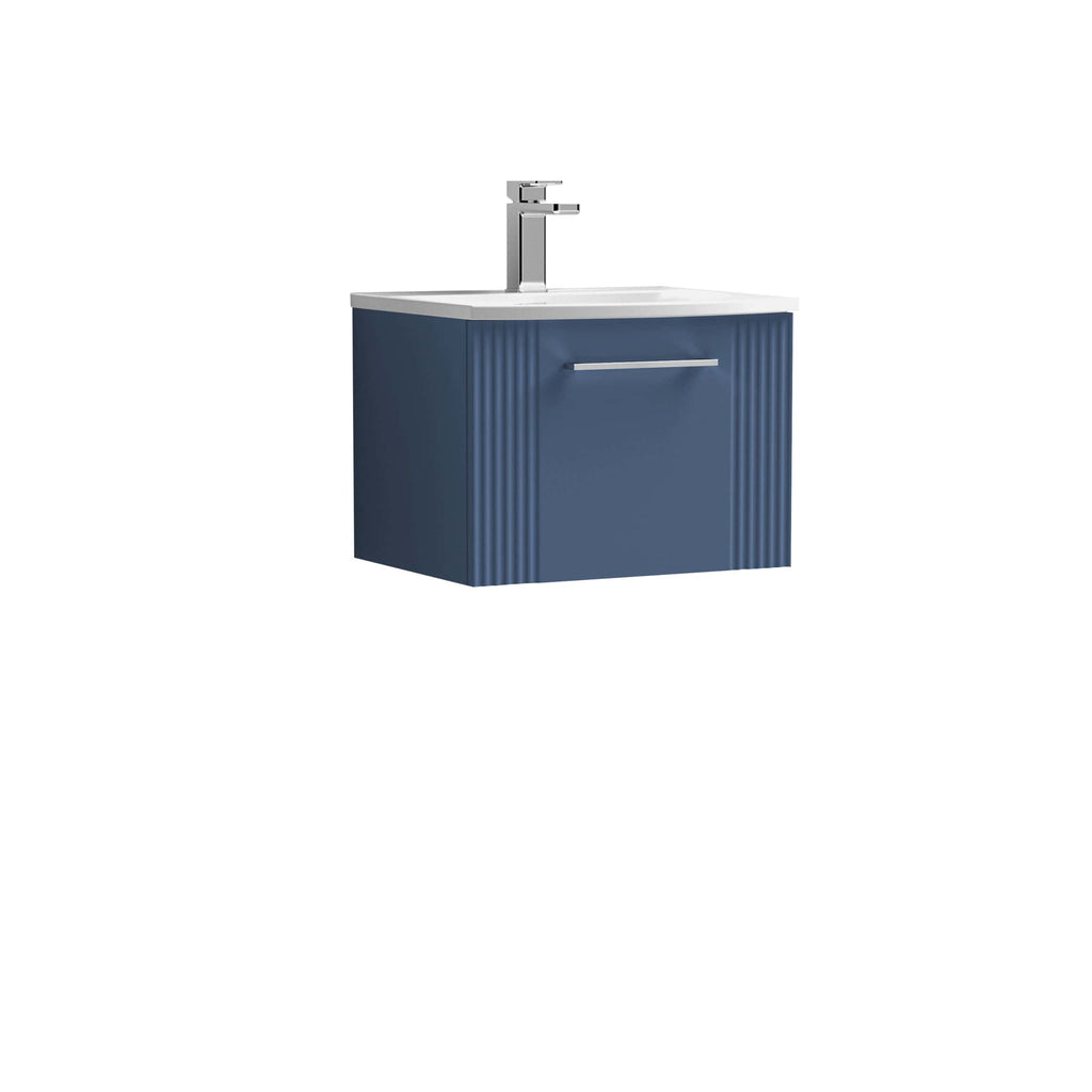 Sleek navy blue bathroom vanity with a modern white countertop and integrated sink, featuring a stylish chrome faucet for contemporary bathroom decor.