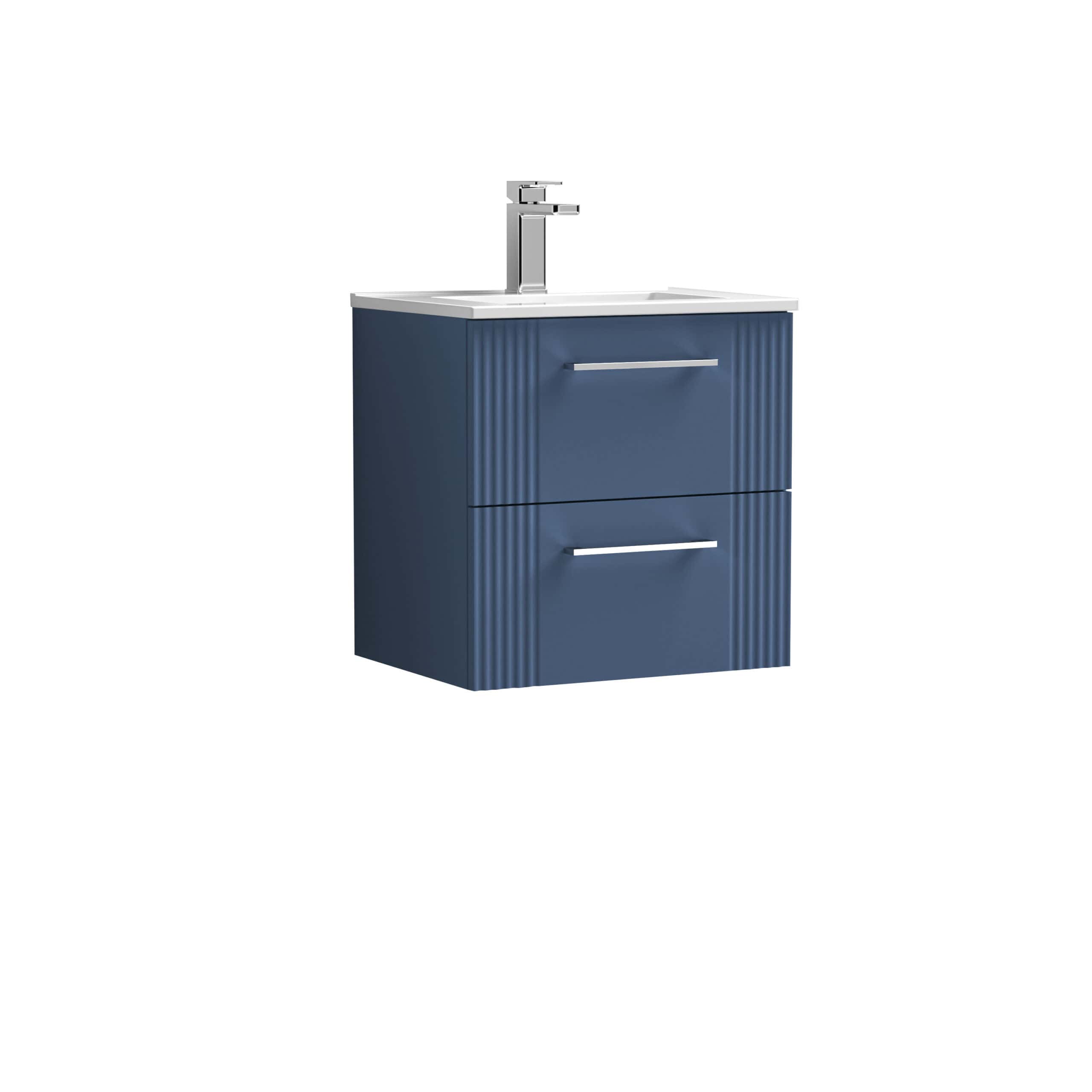 Modern blue bathroom vanity with integrated ceramic sink and sleek chrome handles, ideal for contemporary bathroom decor and storage solutions.