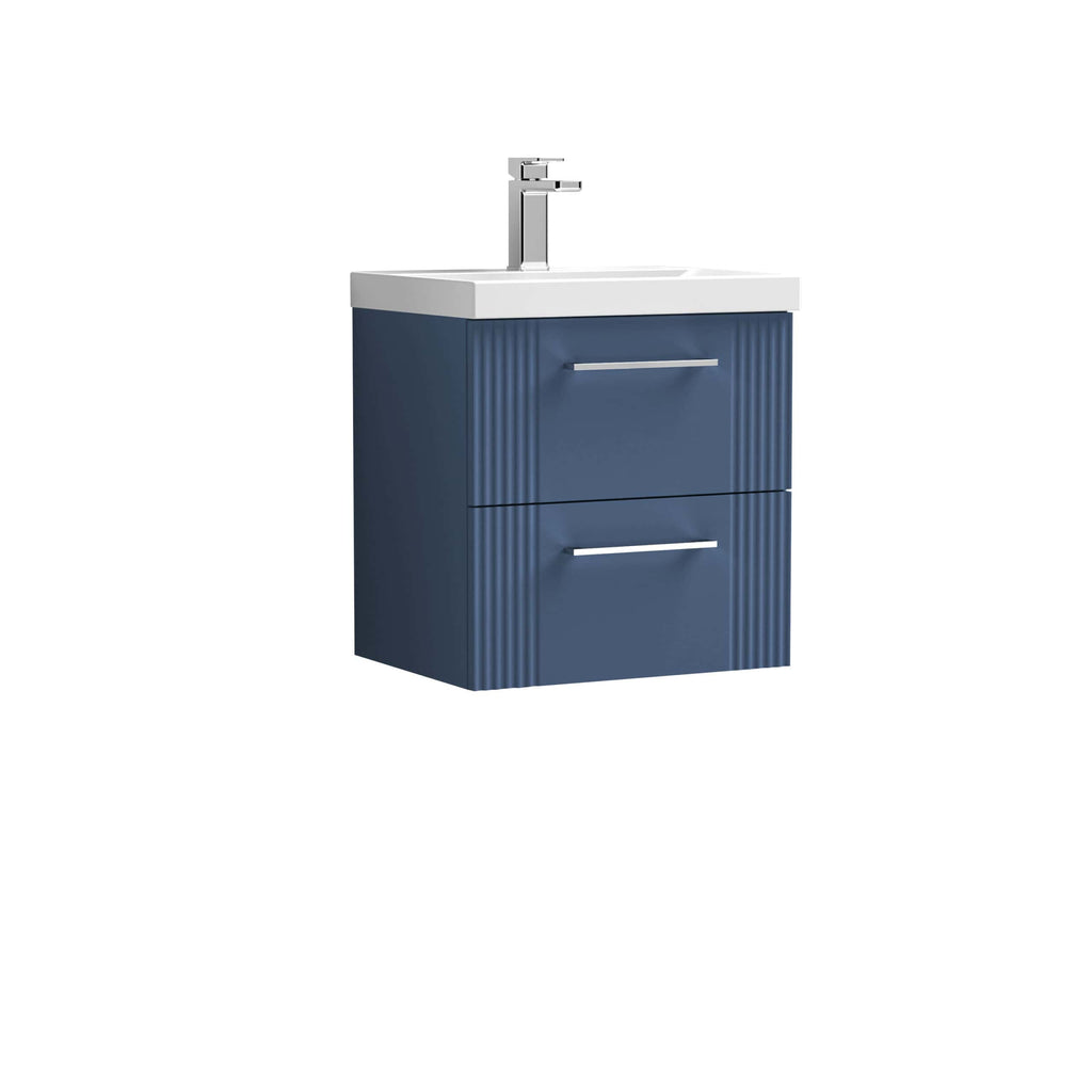Sleek blue bathroom vanity unit with integrated sink and modern chrome handle, perfect for contemporary bathroom design.