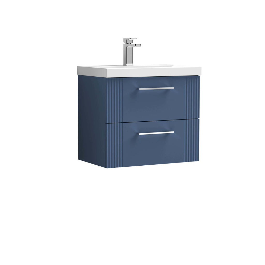 Blue bathroom vanity unit with integrated ceramic sink and modern chrome faucet, ideal for contemporary bathroom design. Features two spacious drawers with sleek handles for efficient storage solutions.