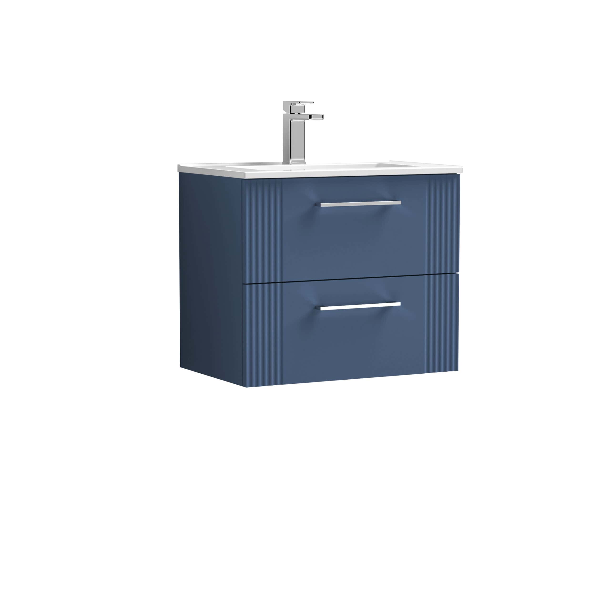 Sleek navy blue bathroom vanity with integrated sink and modern chrome handles, ideal for contemporary bathrooms and taps. Durable Wooden Vanity Unit with Storage Drawers.