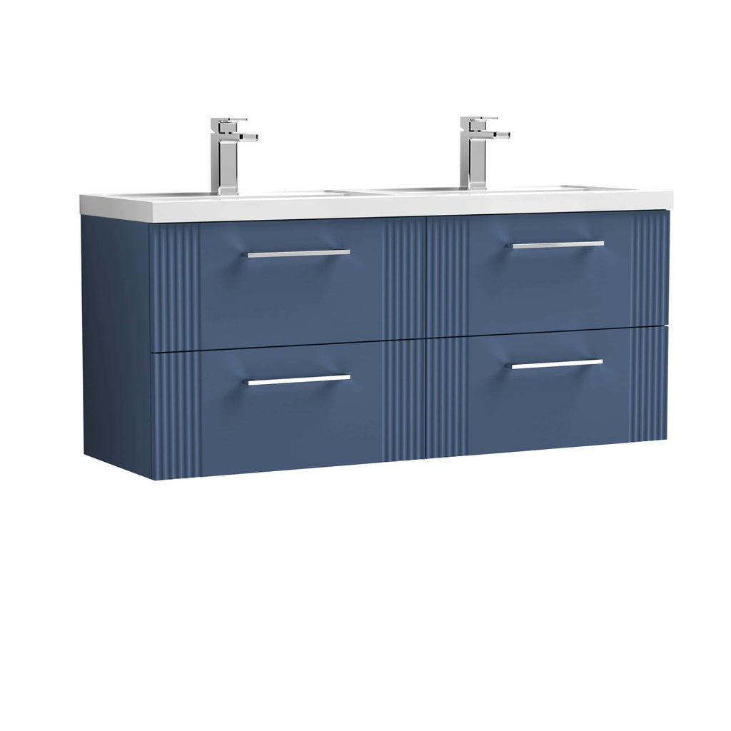 Sleek blue bathroom vanity unit with dual sinks, modern chrome taps, and spacious storage drawers, perfect for contemporary bathroom designs.