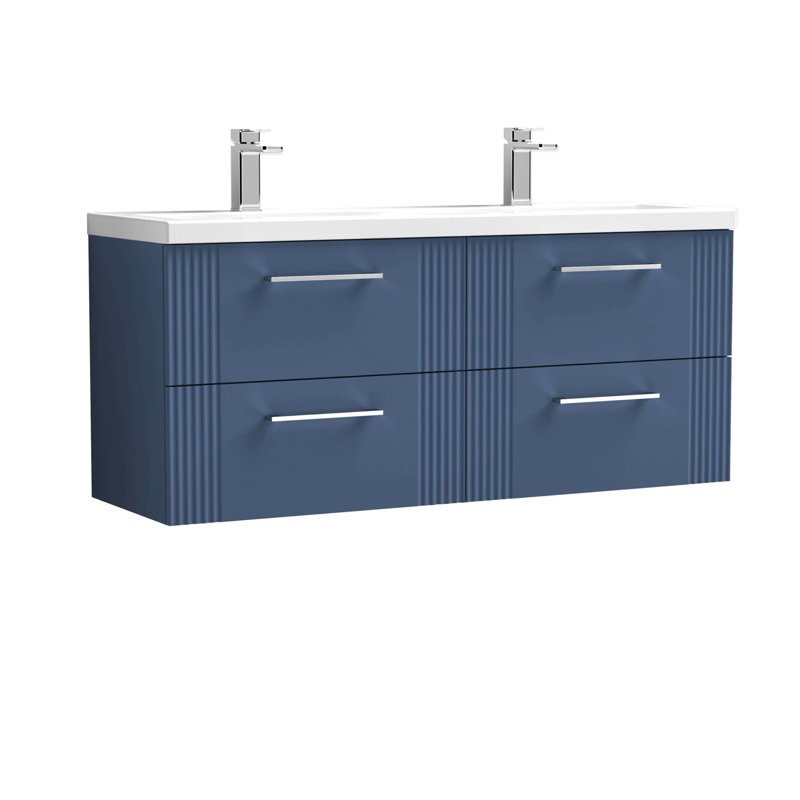 Sleek blue double bathroom vanity unit with four drawers and two modern chrome handles, featuring a stylish design perfect for contemporary bathroom decor.