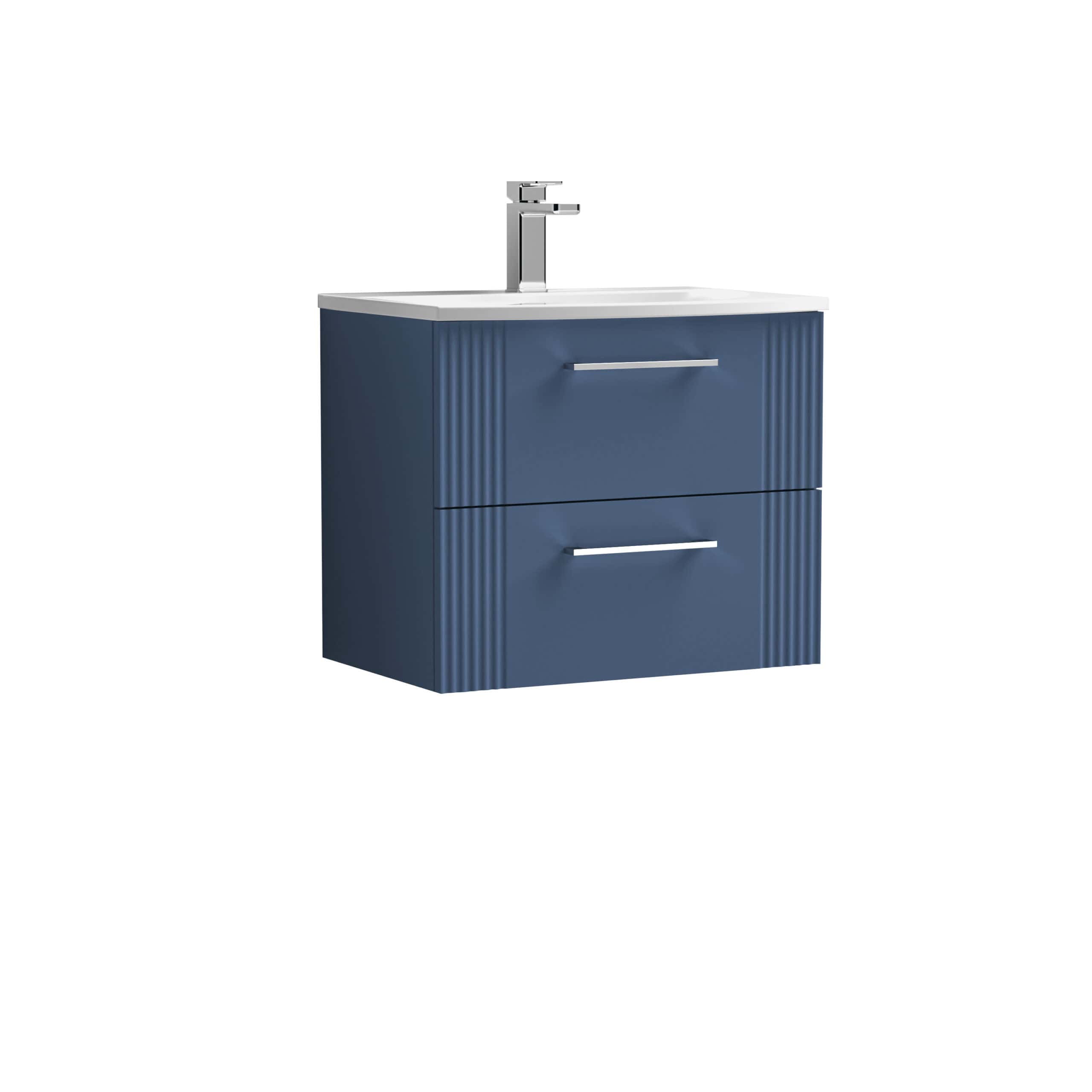 Modern blue bathroom vanity with integrated sink and sleek chrome handles, ideal for stylish bathroom renovations and custom bathroom design.
