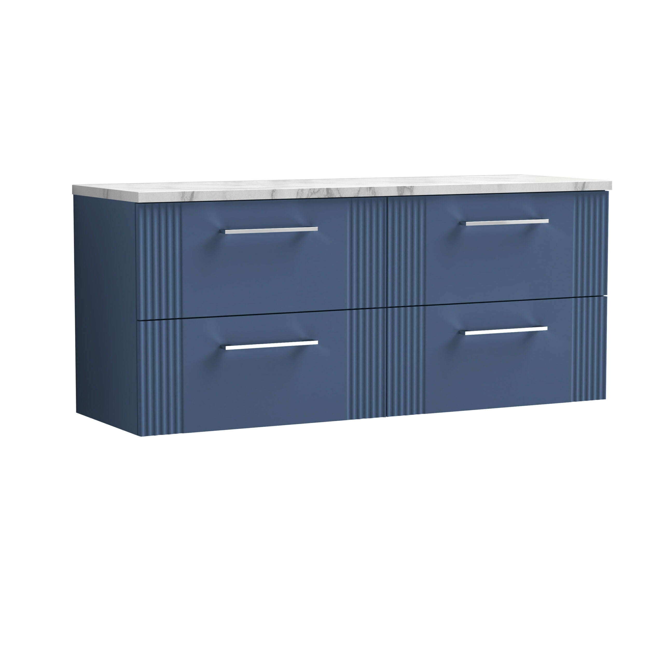 Blue bathroom vanity with four spacious drawers and a marble top, designed for modern bathroom storage solutions. Perfect for organising bathroom essentials with style.