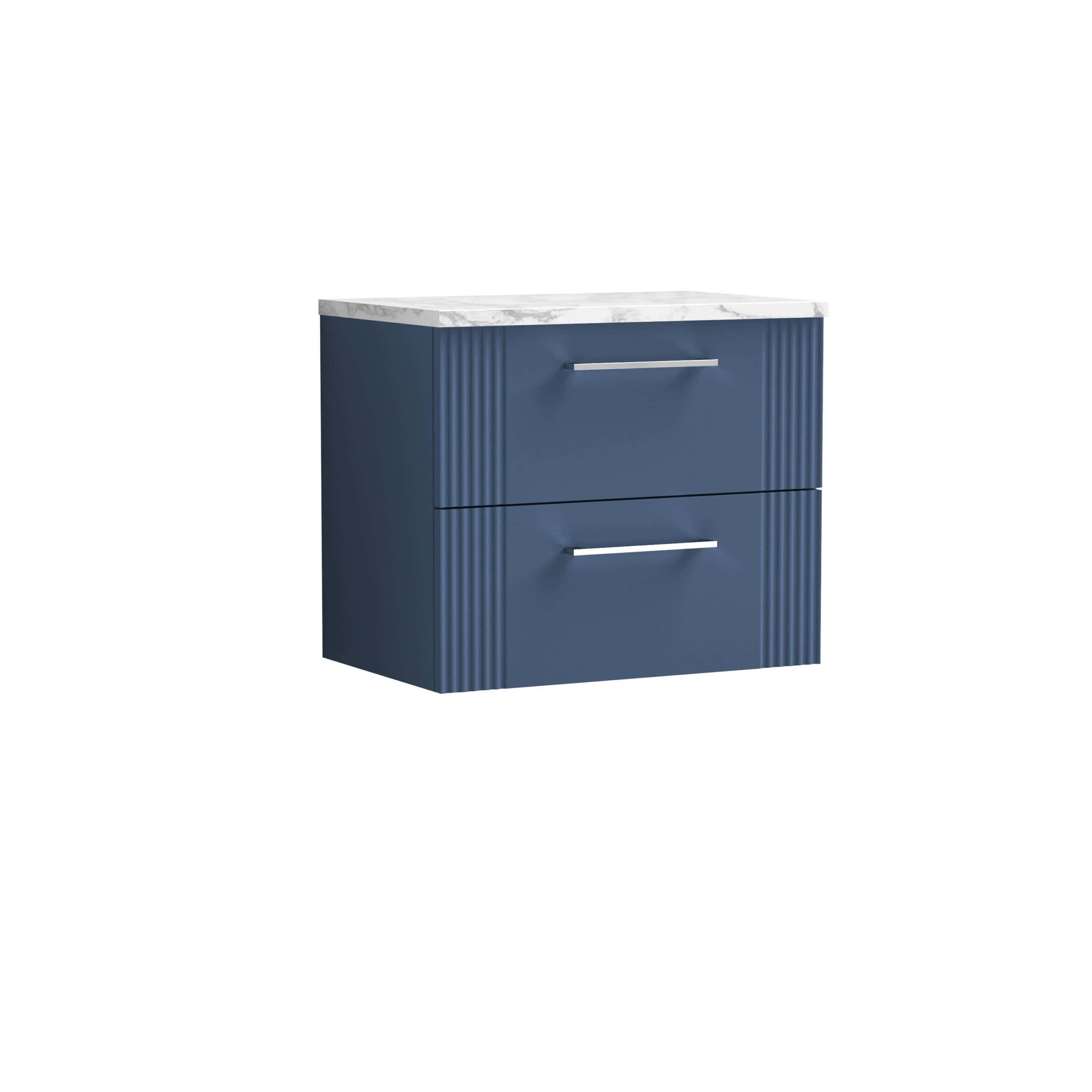 Contemporary navy blue bathroom vanity unit with marble top and sleek metal handles, ideal for modern bathroom storage solutions.
