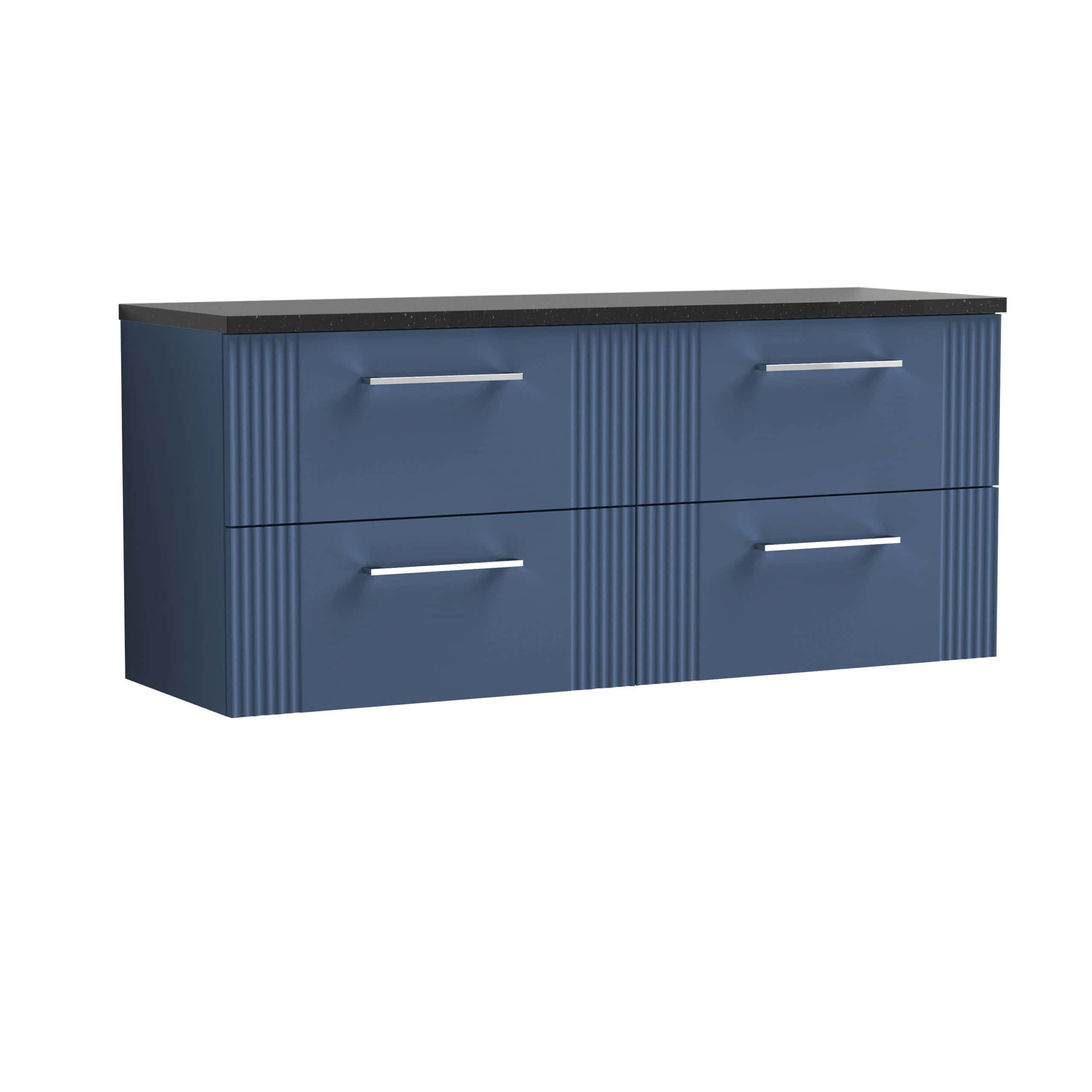 Stylish blue bathroom vanity with six drawers featuring modern silver handles and a black countertop, perfect for contemporary bathroom decor and storage solutions.
