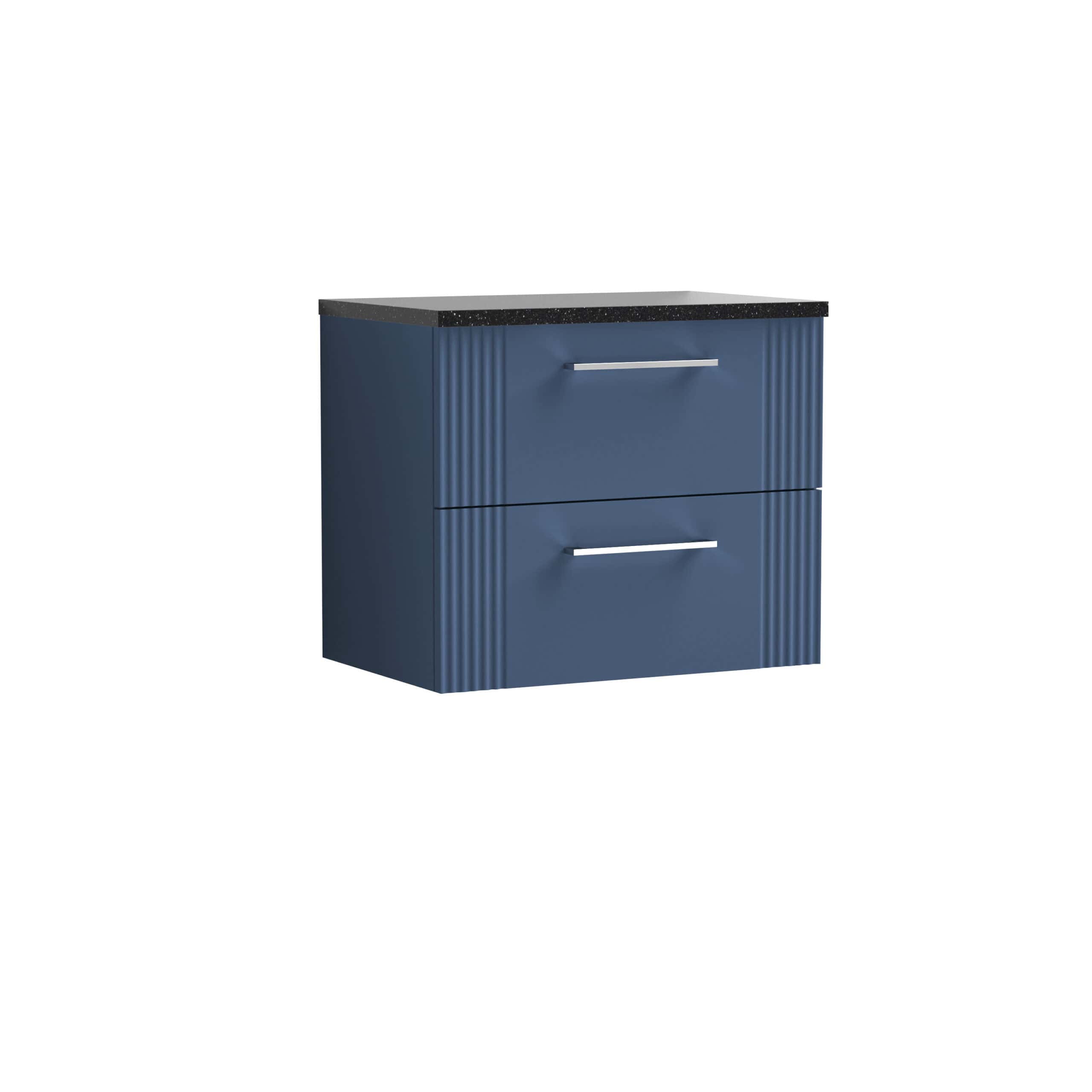 Stylish blue bathroom vanity unit with two drawers, featuring sleek metal handles and a black speckled countertop, perfect for modern bathroom storage and organisation.