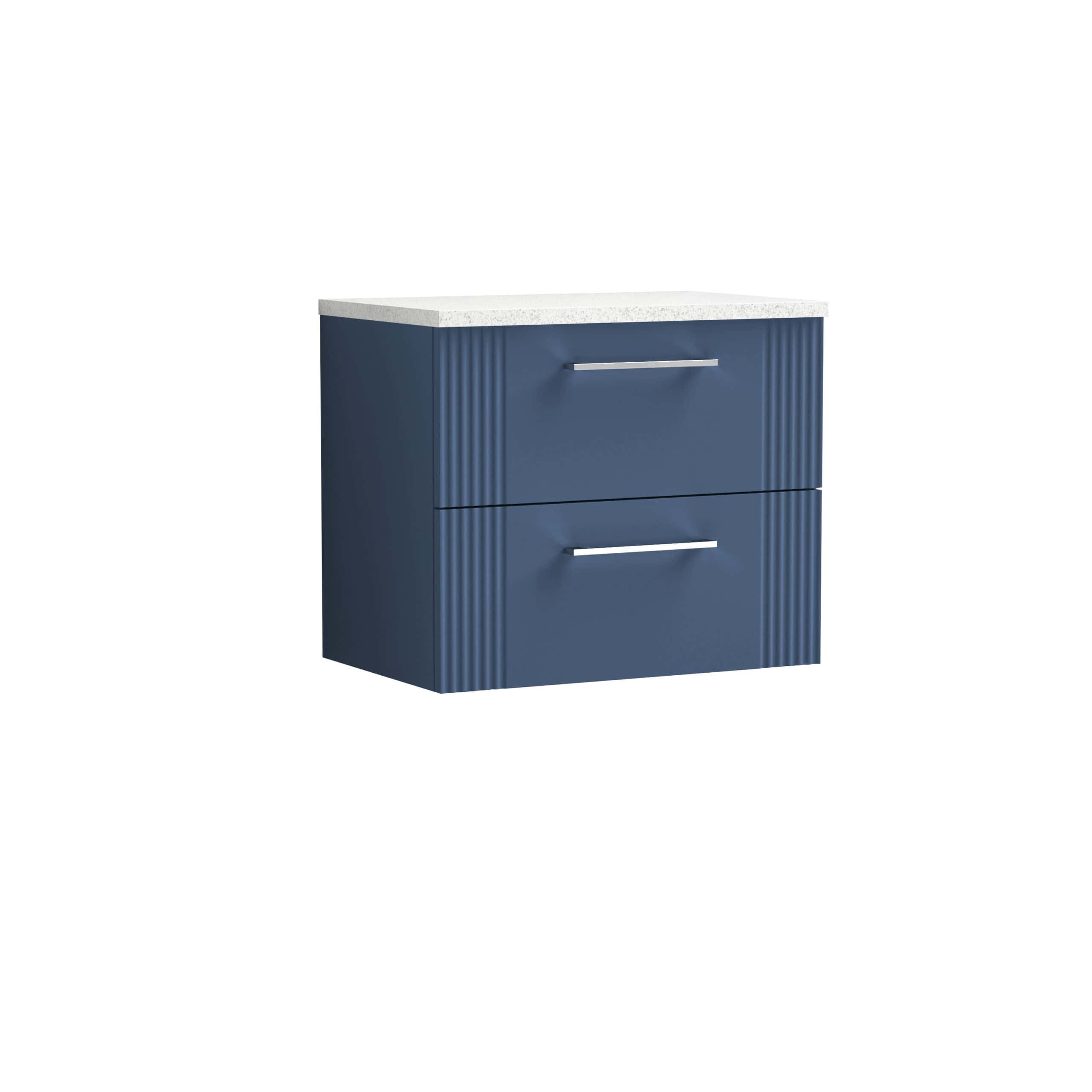 Modern blue bathroom vanity unit with two drawers and a white countertop, ideal for bathroom storage and organisation. Stylish and functional design perfect for contemporary bathroom interiors.
