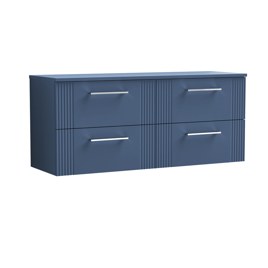 Sleek blue bathroom sideboard with textured panels and modern silver handles, perfect for stylish bathroom storage solutions and contemporary bathroom decor.