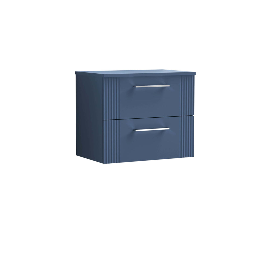 Stylish navy blue bathroom vanity cabinet with two drawers and modern metal handles, ideal for contemporary bathroom storage solutions.