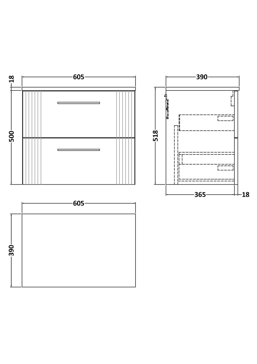 Modern bathroom vanity with twin drawers, sleek handles, and detailed dimensions perfect for contemporary bathroom design. Perfect for storage and style in Bubly Bathrooms.