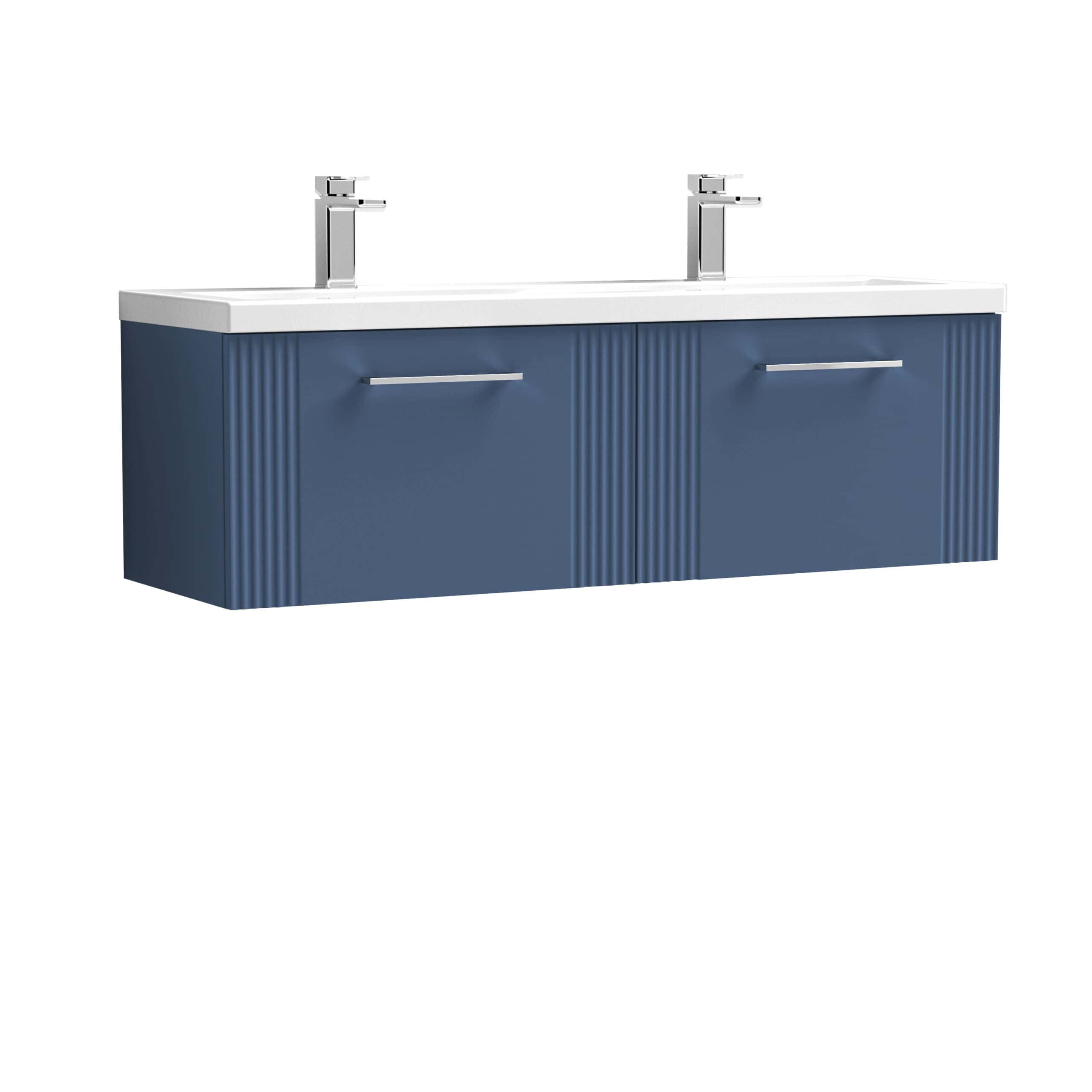 Contemporary blue bathroom vanity with dual sinks and sleek chrome fixtures, perfect for modern bathroom design, offering stylish storage and functional double basin setup.
