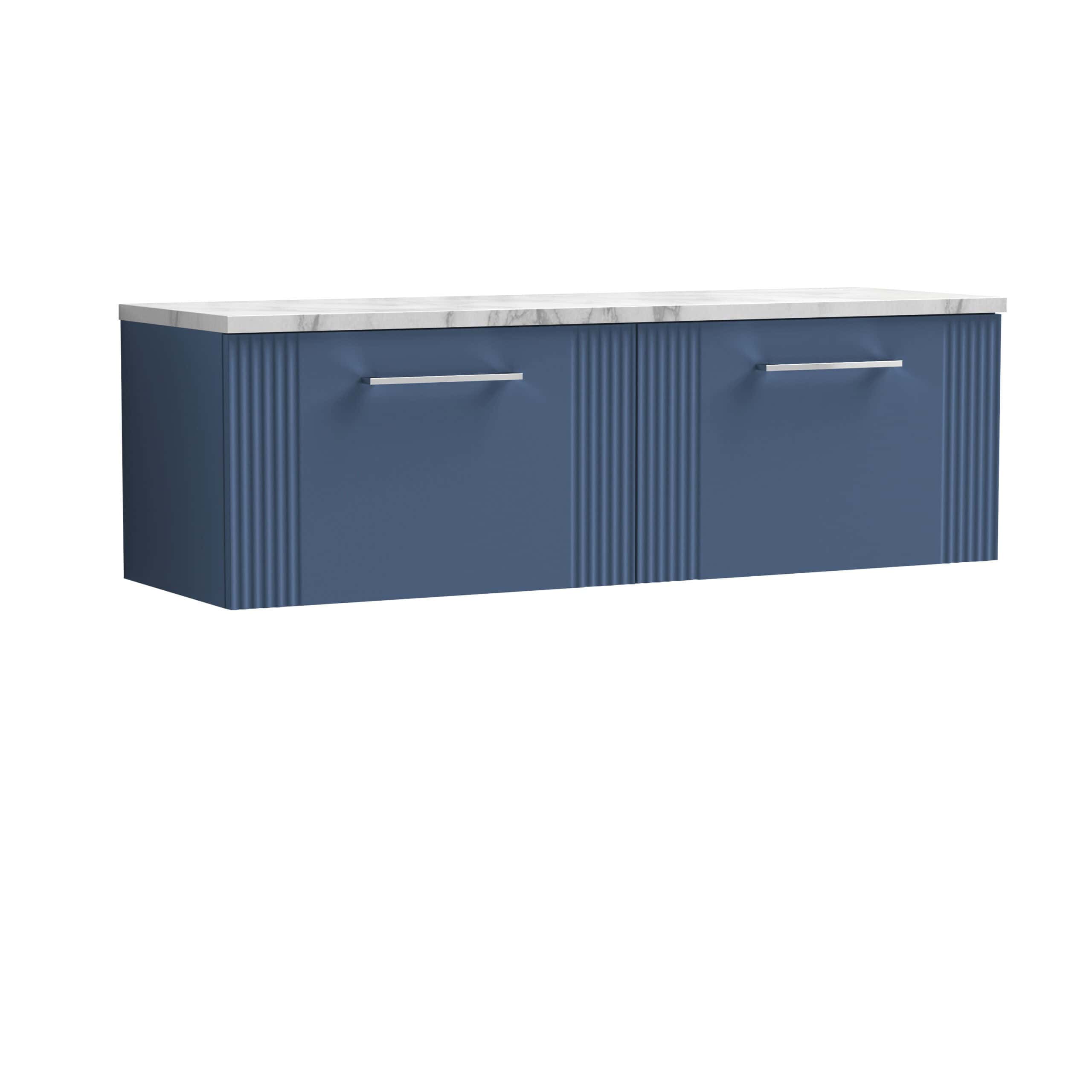 Modern blue bathroom vanity with a white marble top, sleek handles, and stylish ribbed detailing, perfect for contemporary bathroom interiors.