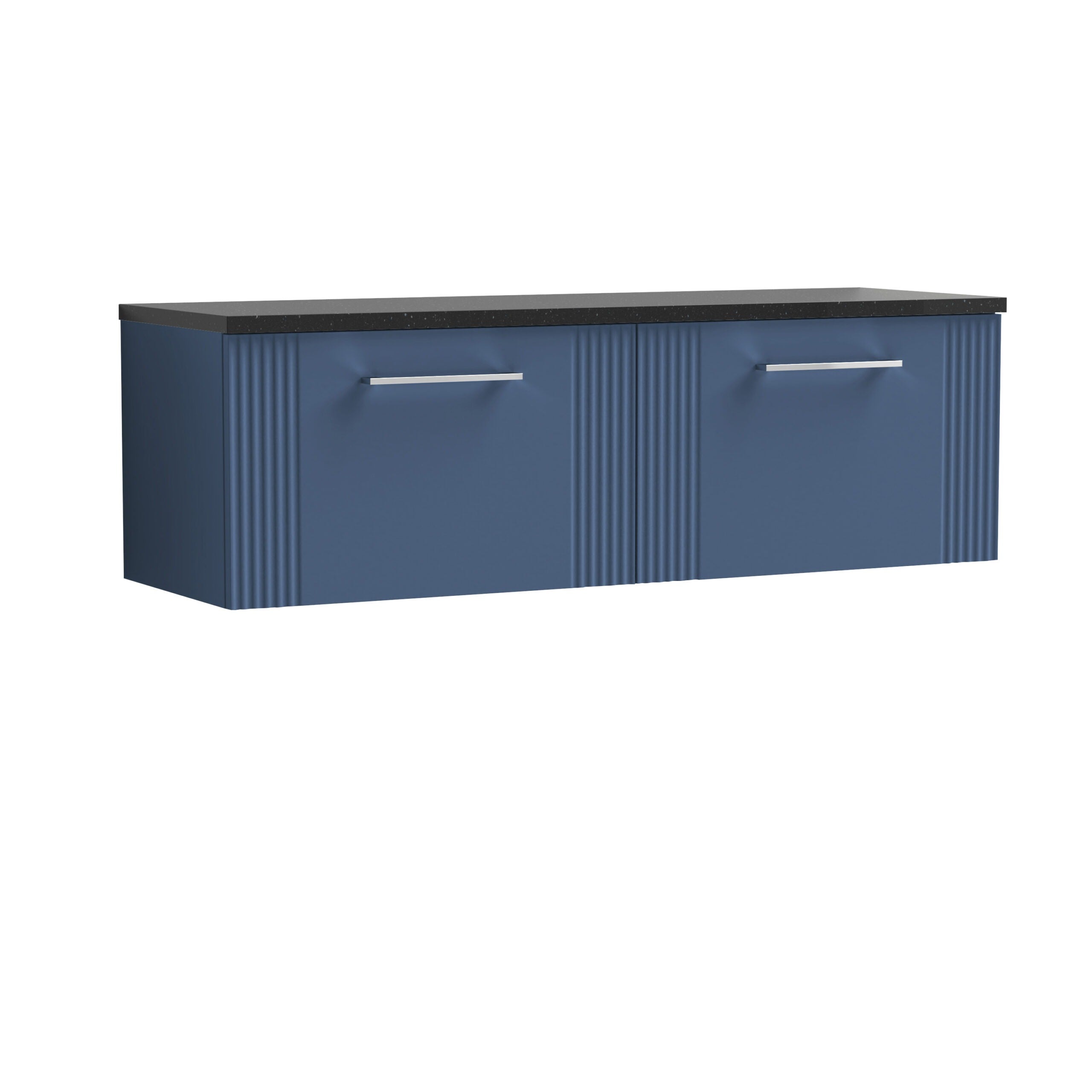 Blue modern bathroom vanity unit with sleek metal handles and textured cabinet doors, designed for stylish bathroom storage solutions.