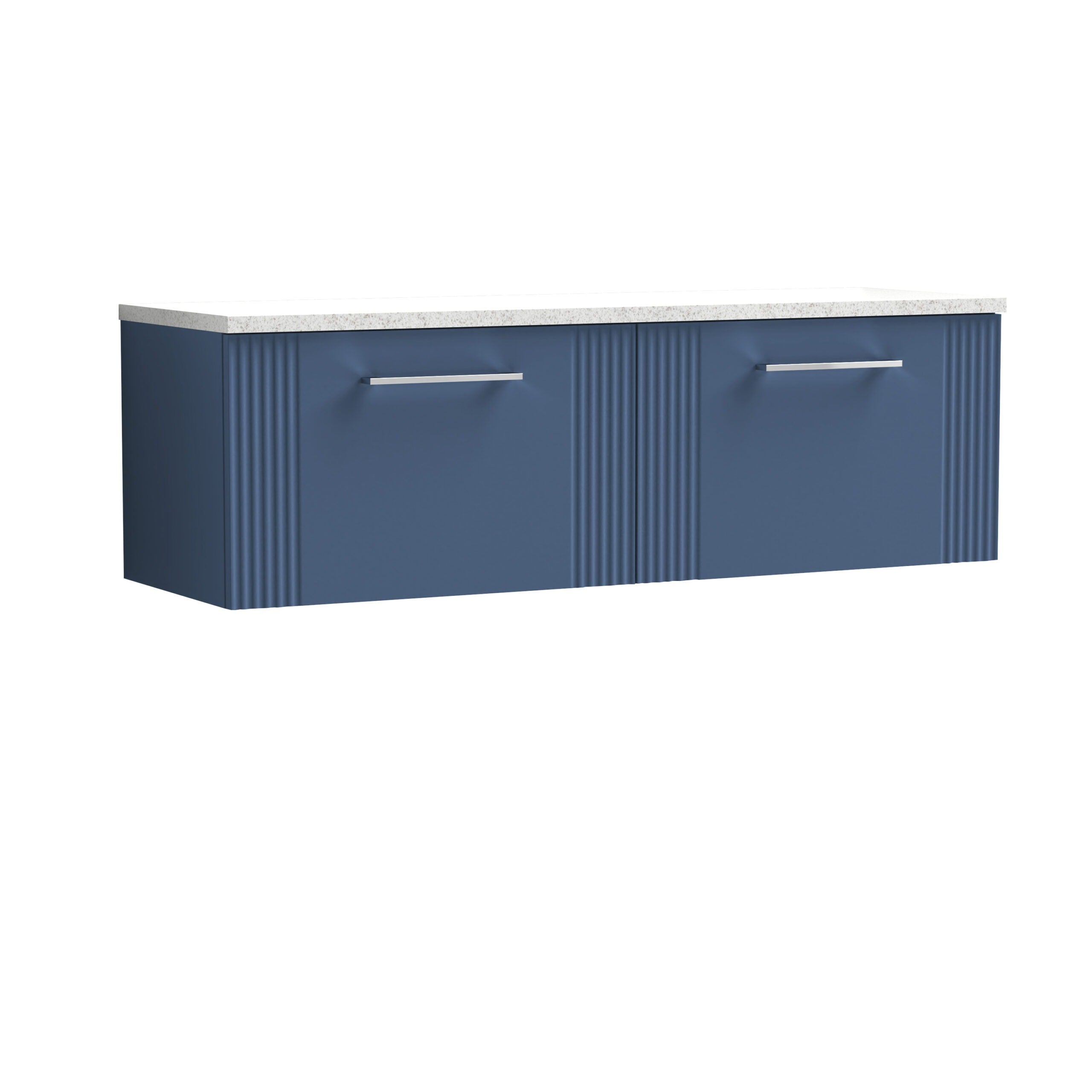 Sleek blue bathroom vanity unit with ribbed doors and a white quartz countertop, ideal for modern bathroom storage and design. Perfect blend of style and functionality for contemporary interiors.