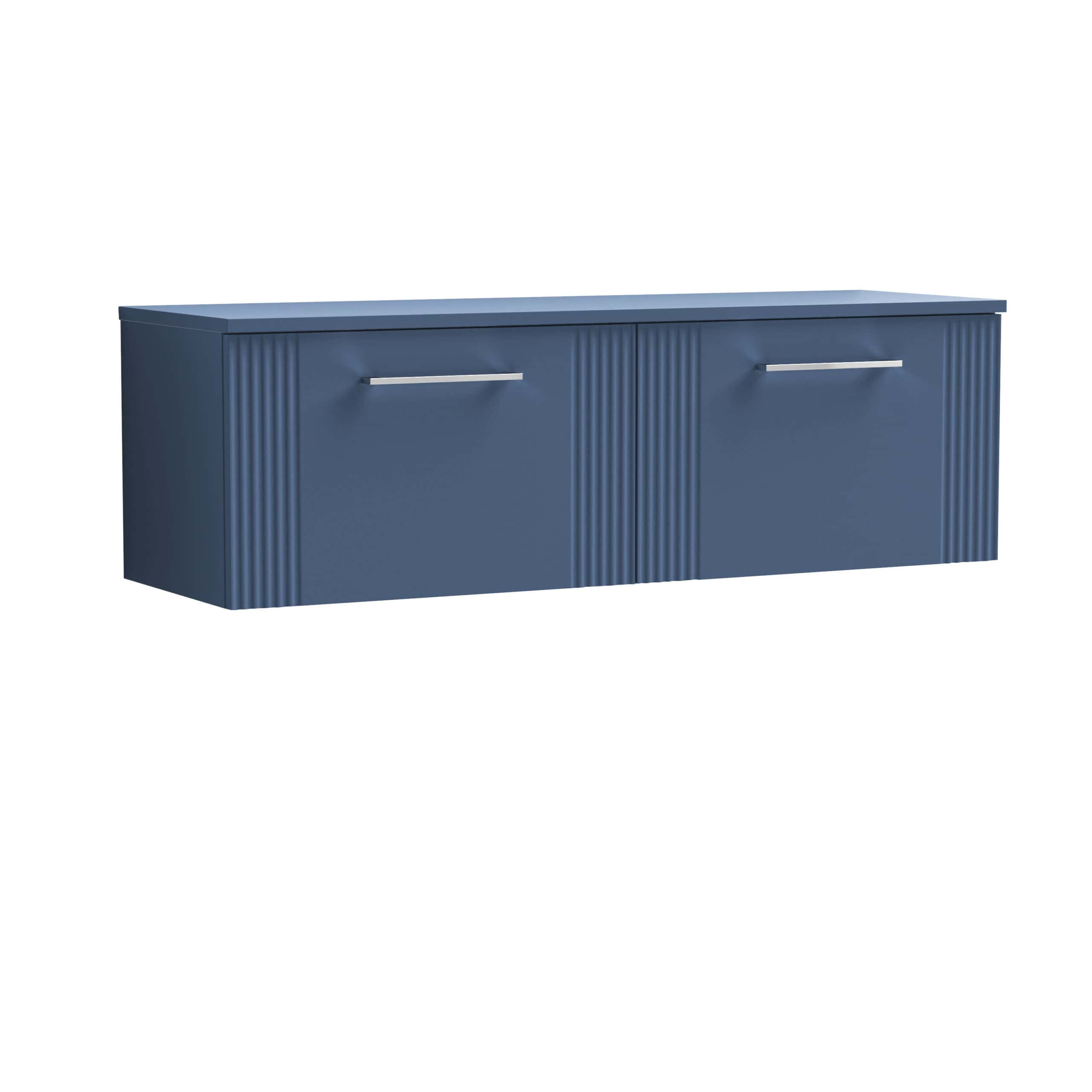 Contemporary blue bathroom storage cabinet with ribbed detailing and sleek silver handles, ideal for modern bathroom decor and organisation.