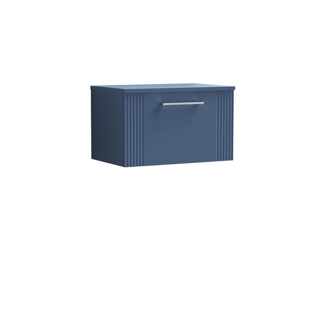 Contemporary blue bathroom storage cabinet with sleek handle and ribbed detailing, perfect for modern bathroom organisation.