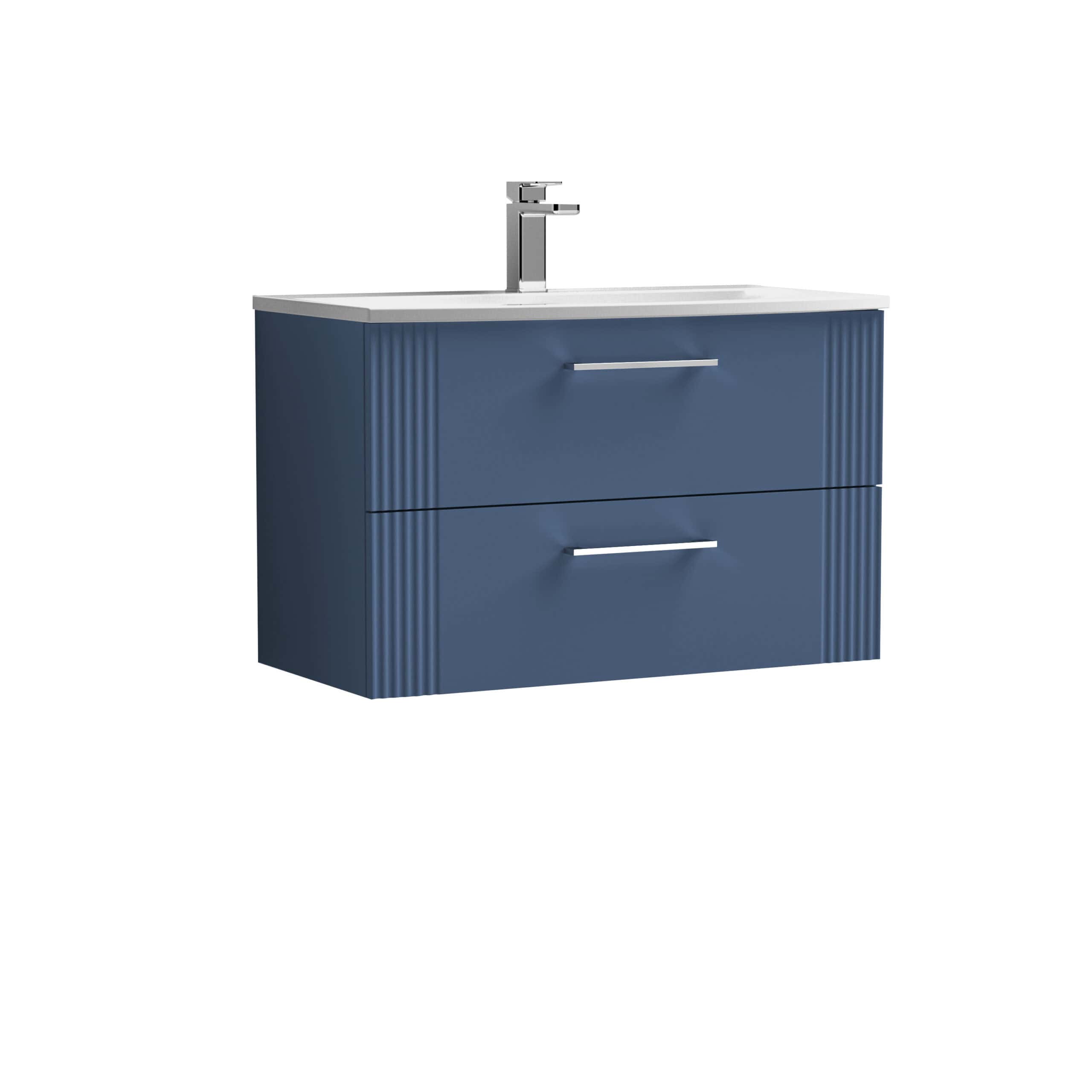 Sleek blue bathroom vanity with integrated sink and modern chrome handles, ideal for contemporary bathroom designs and storage solutions.