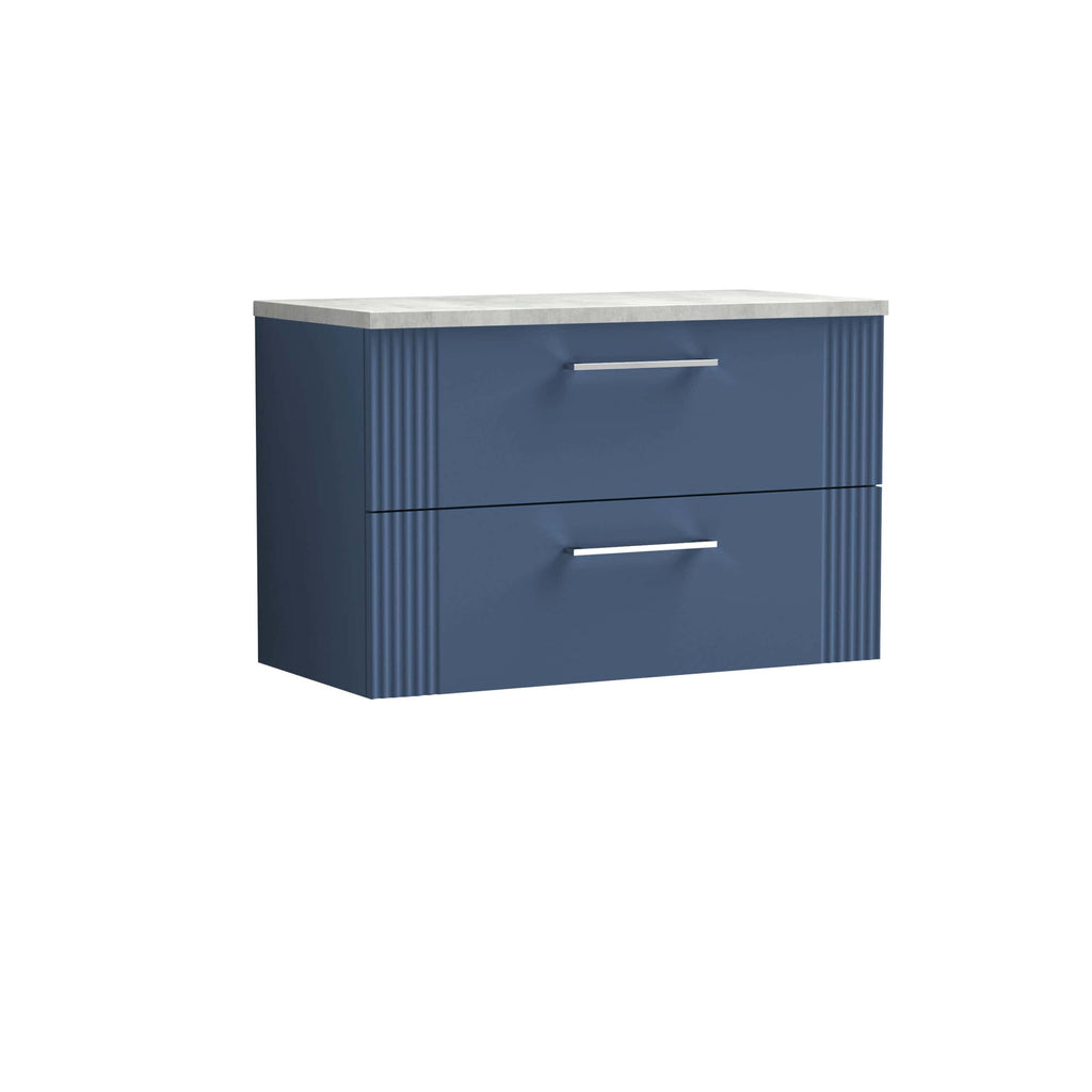 Blue bathroom vanity with marble countertop and sleek metal handles, designed for modern bathroom storage solutions. Featuring two spacious drawers for organised essentials.