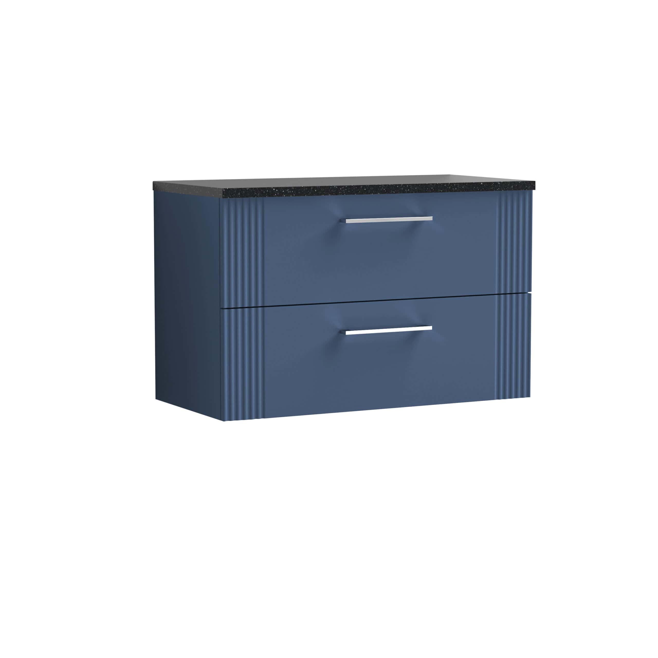 Stylish blue bathroom vanity with two drawers, sleek silver handles, and a black granite top, perfect for modern bathroom storage and decoration.