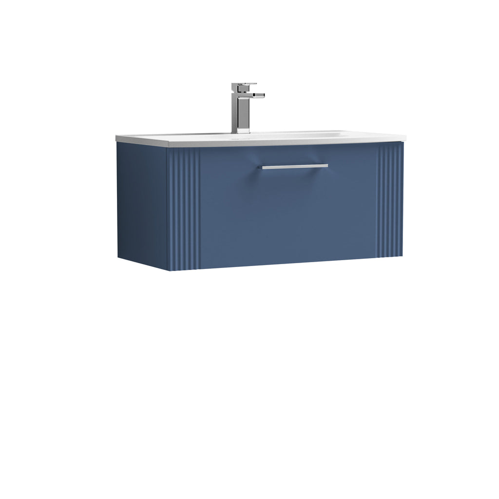 Blue bathroom vanity unit with integrated sink and modern chrome tap for contemporary bathroom designs.
