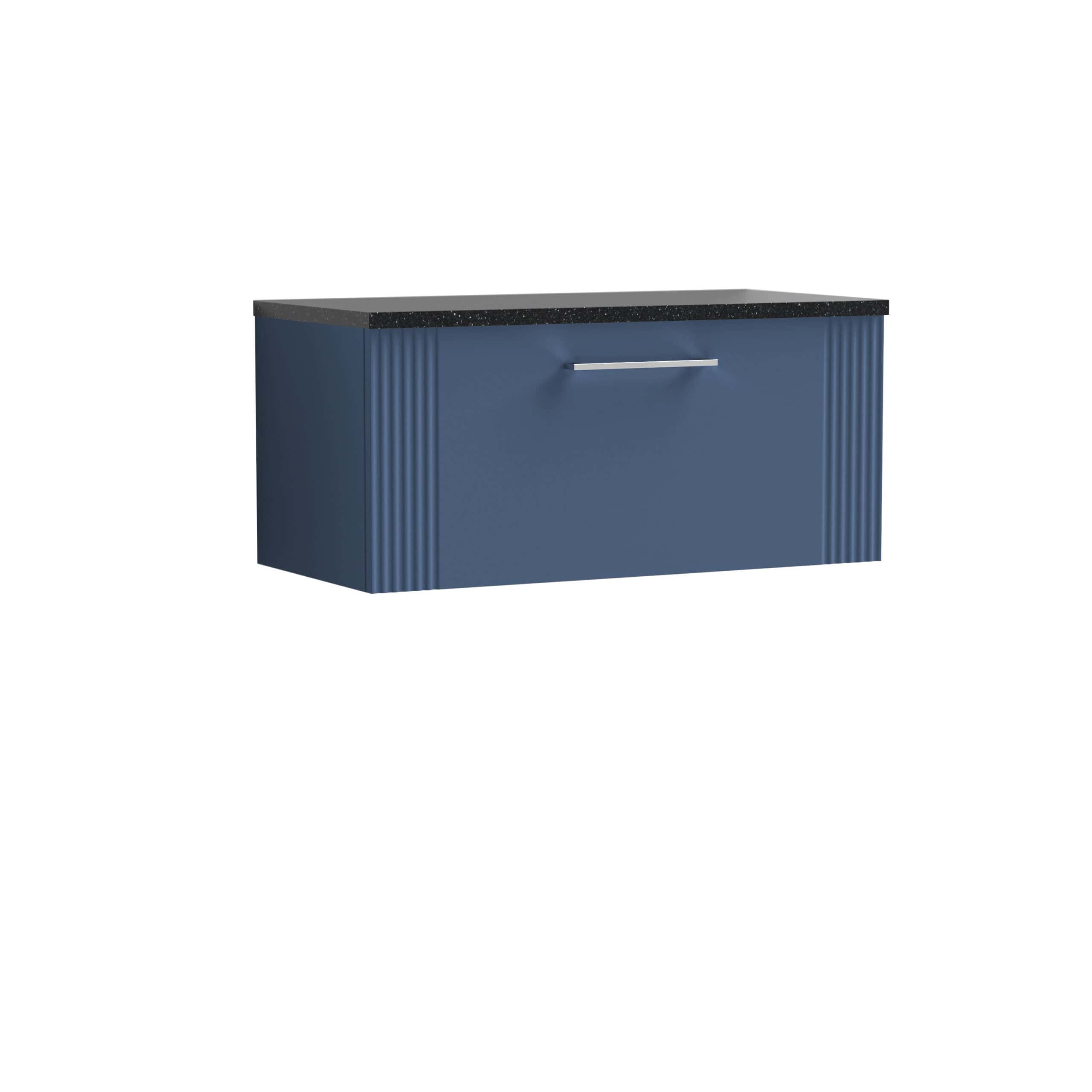 Sleek blue bathroom vanity with a black speckled granite countertop and modern silver handle, designed for contemporary bathroom aesthetics and storage.