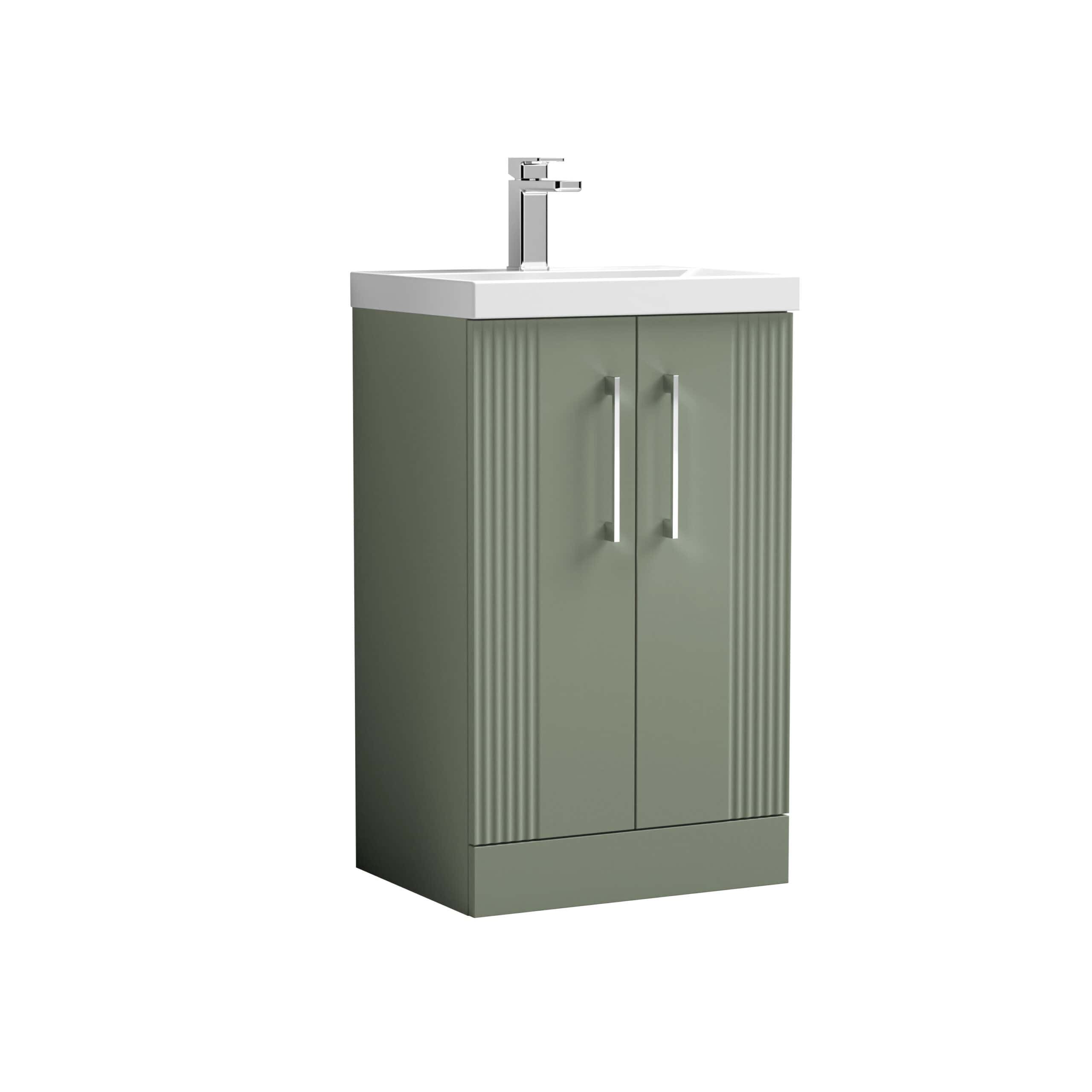 Modern green bathroom vanity unit with a sleek white ceramic sink and chrome tap, ideal for contemporary bathroom decor and storage solutions.