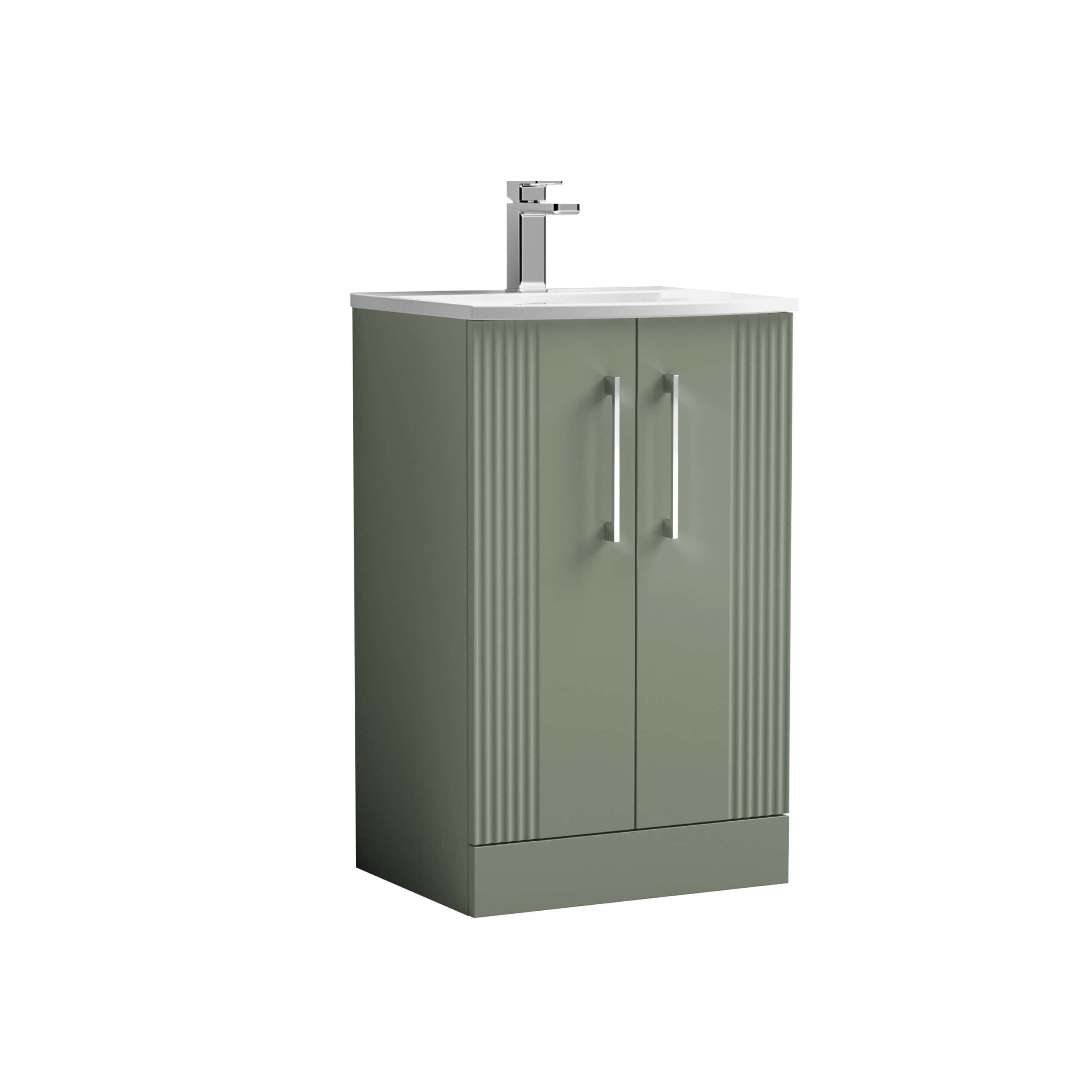Minimalist bathroom vanity cabinet with integrated sink, finished in muted green with sleek handles and modern faucet, ideal for contemporary bathroom designs.