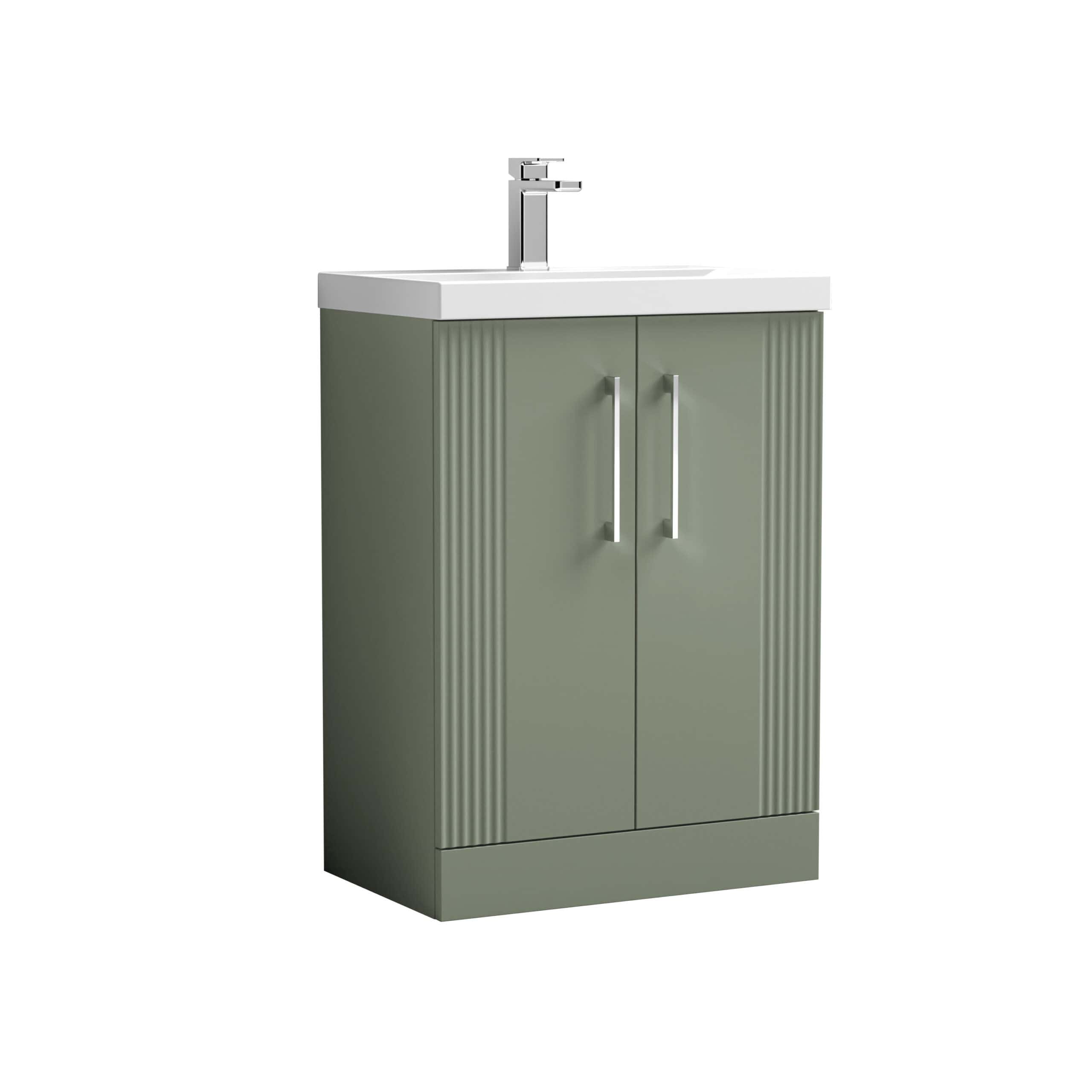 Modern green bathroom vanity with integrated sink and chrome faucet, stylish storage cabinet, perfect for contemporary bathroom design and optimisation of space.