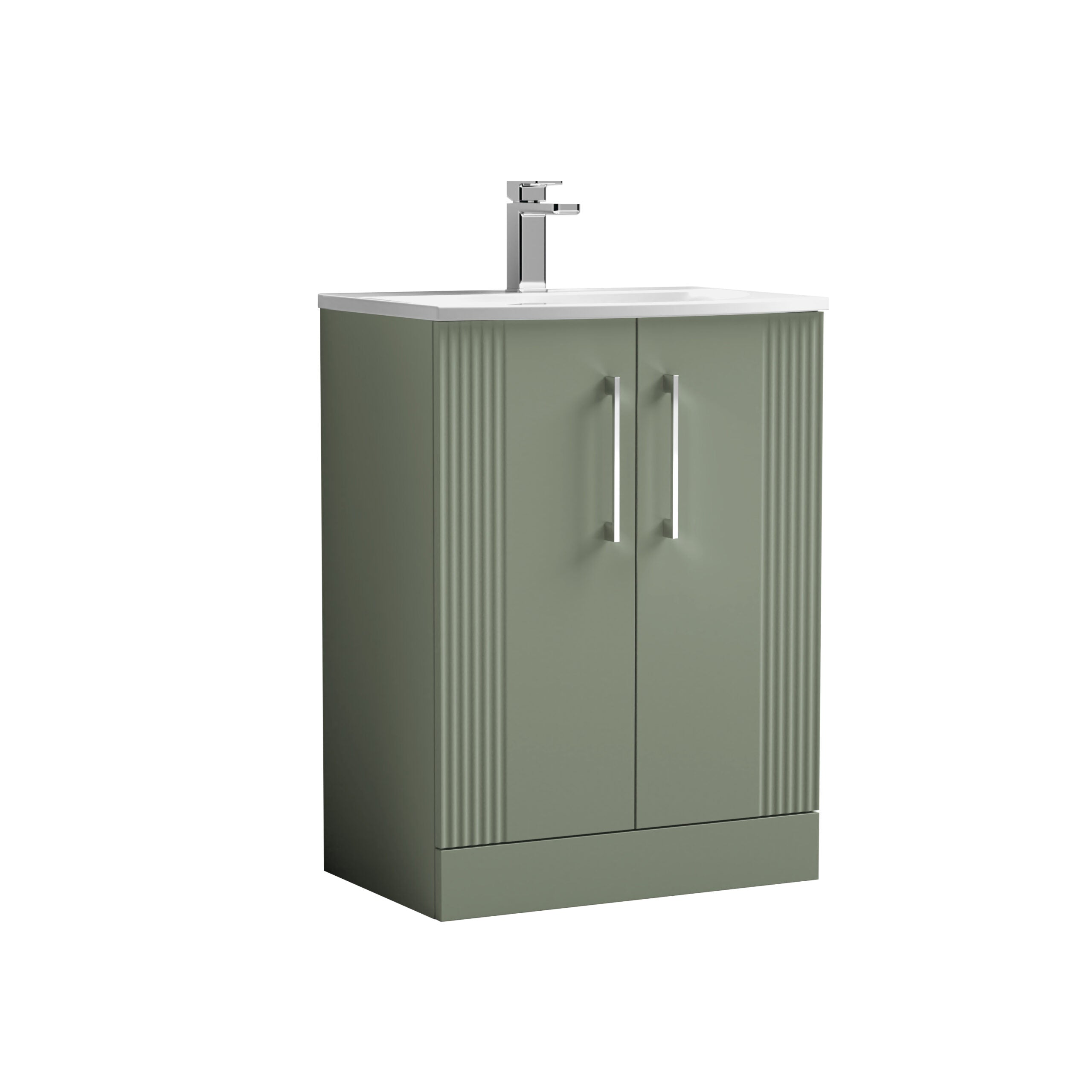 Sage green bathroom vanity with a white top and chrome handles, featuring a modern style perfect for contemporary bathrooms.