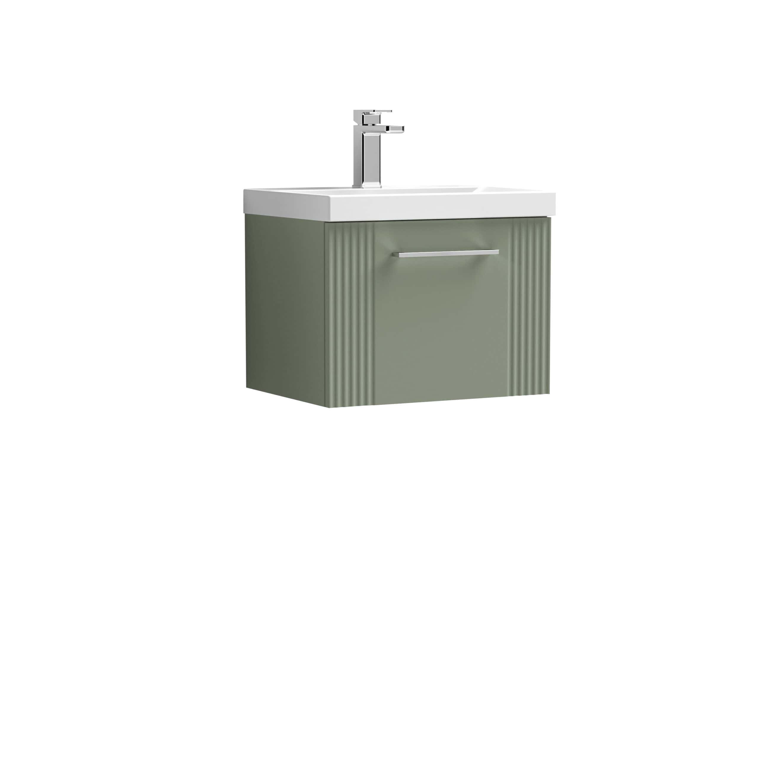 Contemporary green bathroom vanity with integrated sink and modern chrome faucet, ideal for stylish bathroom renovation and storage solutions, featuring sleek panel design.