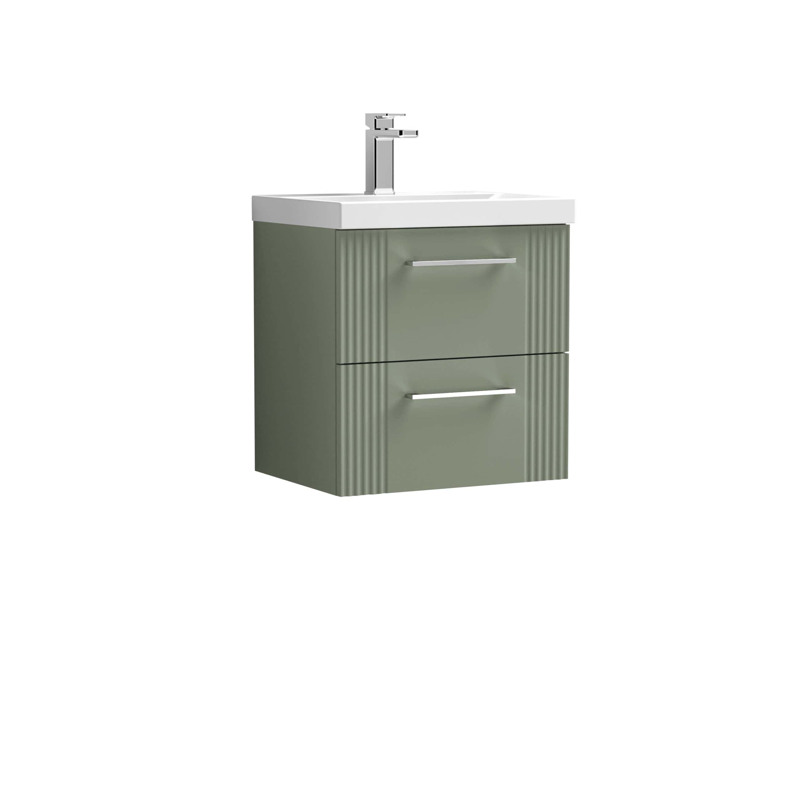 Modern green bathroom vanity unit with integrated sink and sleek metallic handles, designed for contemporary bathrooms and ideal for stylish storage solutions.