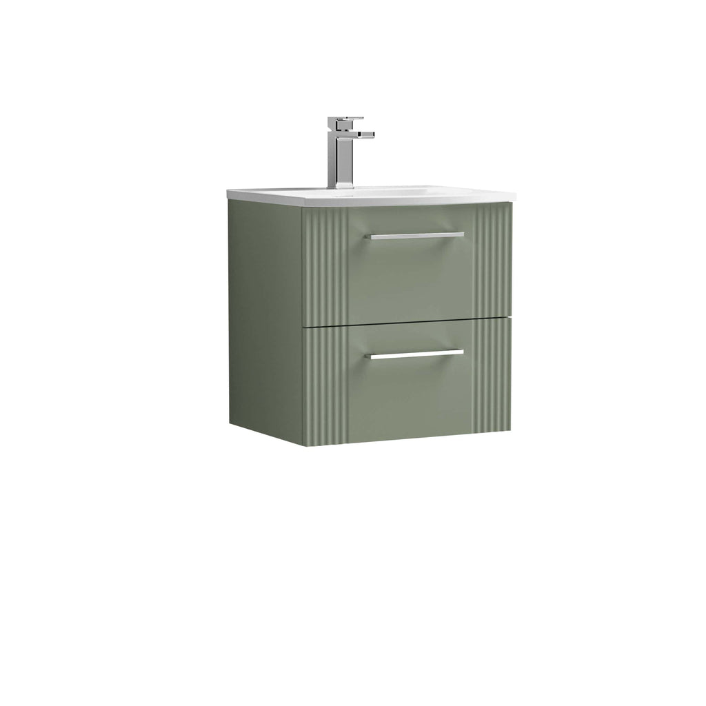 Sleek green bathroom vanity with integrated sink and modern chrome faucet, featuring two spacious drawers with stylish handles, perfect for contemporary bathroom storage solutions.