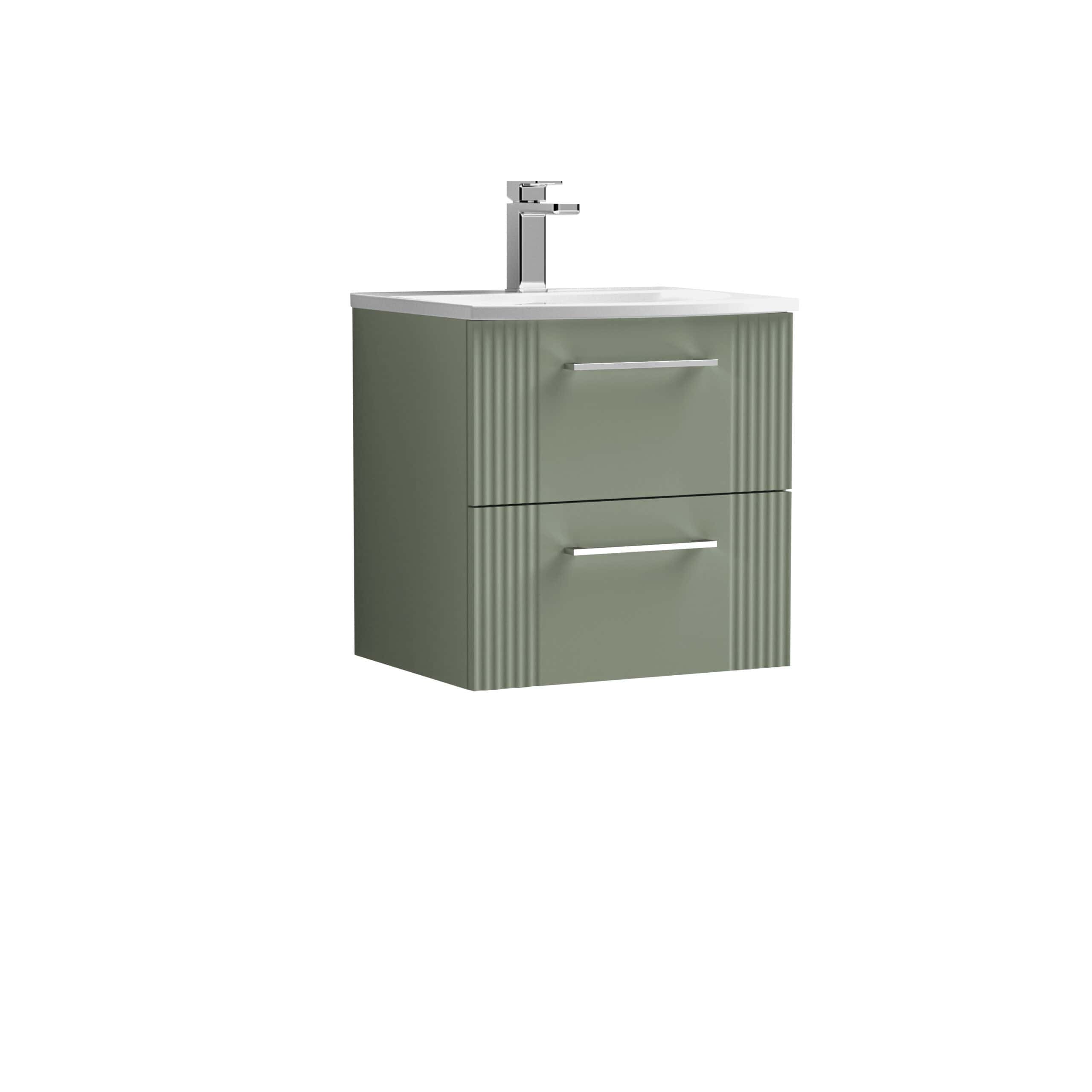 Sleek green bathroom vanity with integrated sink and modern chrome faucet, featuring two spacious drawers with stylish handles, perfect for contemporary bathroom storage solutions.