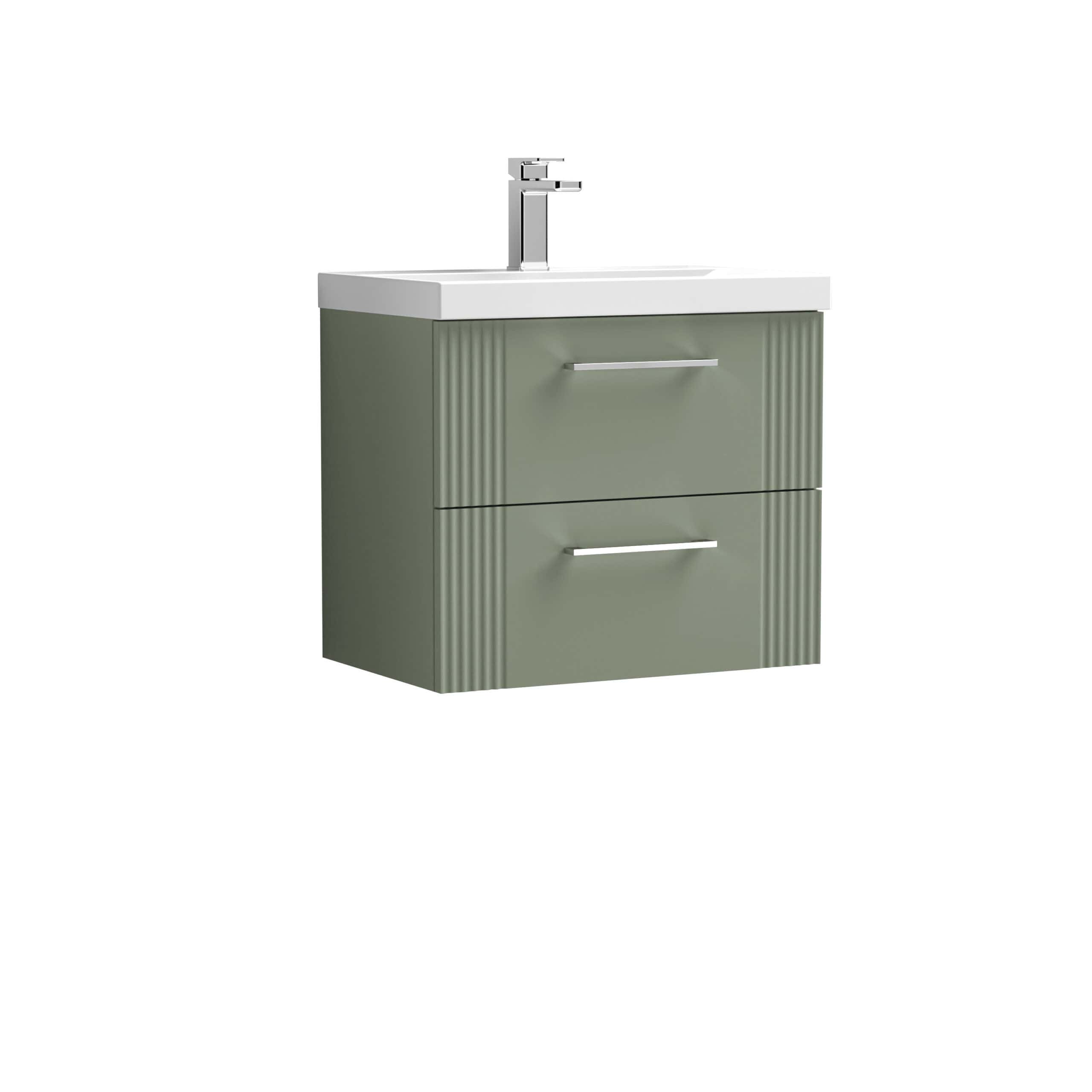Chrome bathroom vanity unit with integrated sink and modern tap, featuring sleek handles and textured front panels in a soft sage green finish, ideal for contemporary bathrooms.