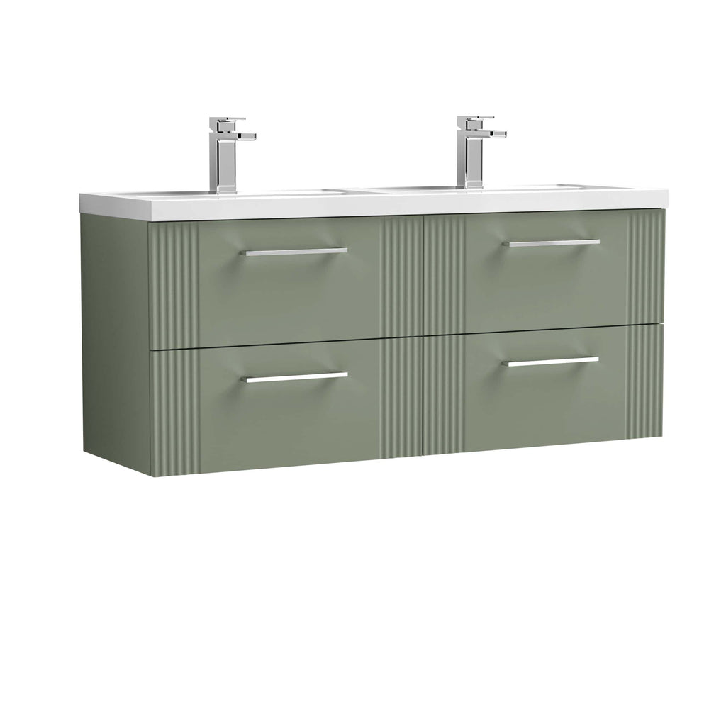 Sleek green double bathroom vanity with four drawers, modern silver handles, and a white countertop featuring dual sinks and contemporary chrome taps.