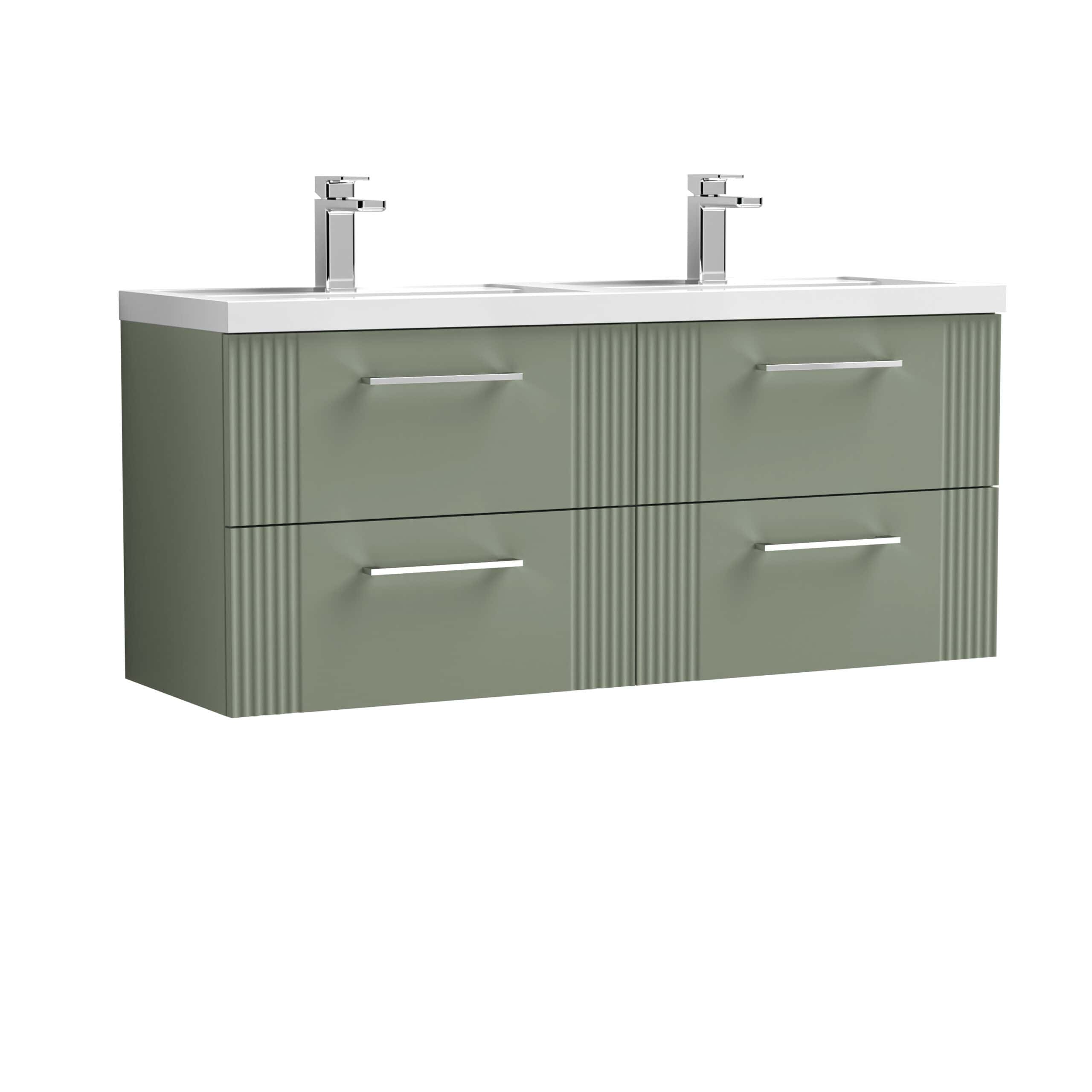 Sleek green double bathroom vanity with four drawers, modern silver handles, and a white countertop featuring dual sinks and contemporary chrome taps.