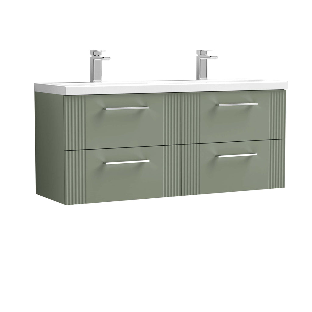 Sleek green bathroom vanity unit with dual sinks, modern chrome handles, and a spacious white countertop, designed for contemporary bathroom interiors.