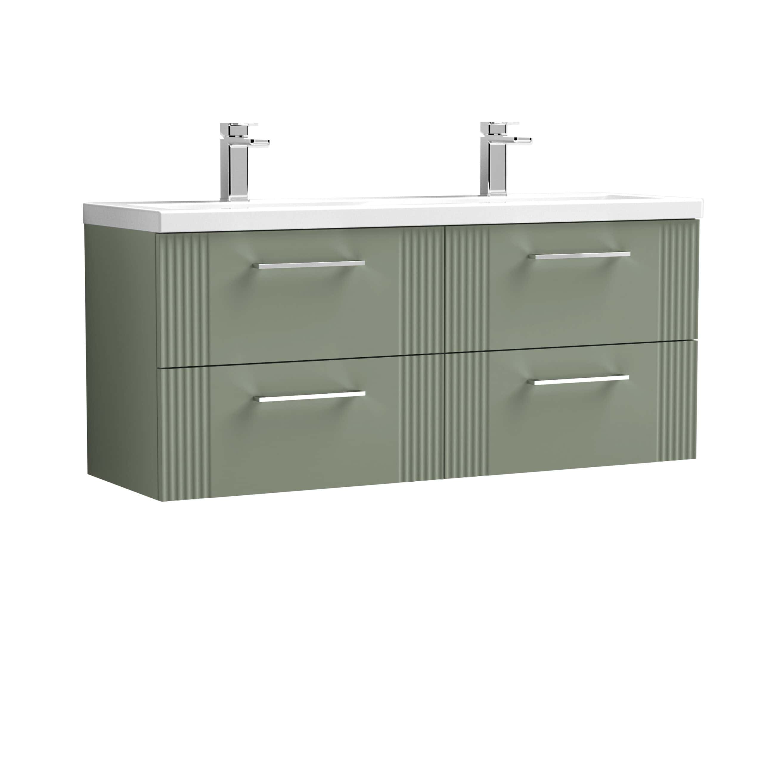 Sleek green bathroom vanity unit with dual sinks, modern chrome handles, and a spacious white countertop, designed for contemporary bathroom interiors.