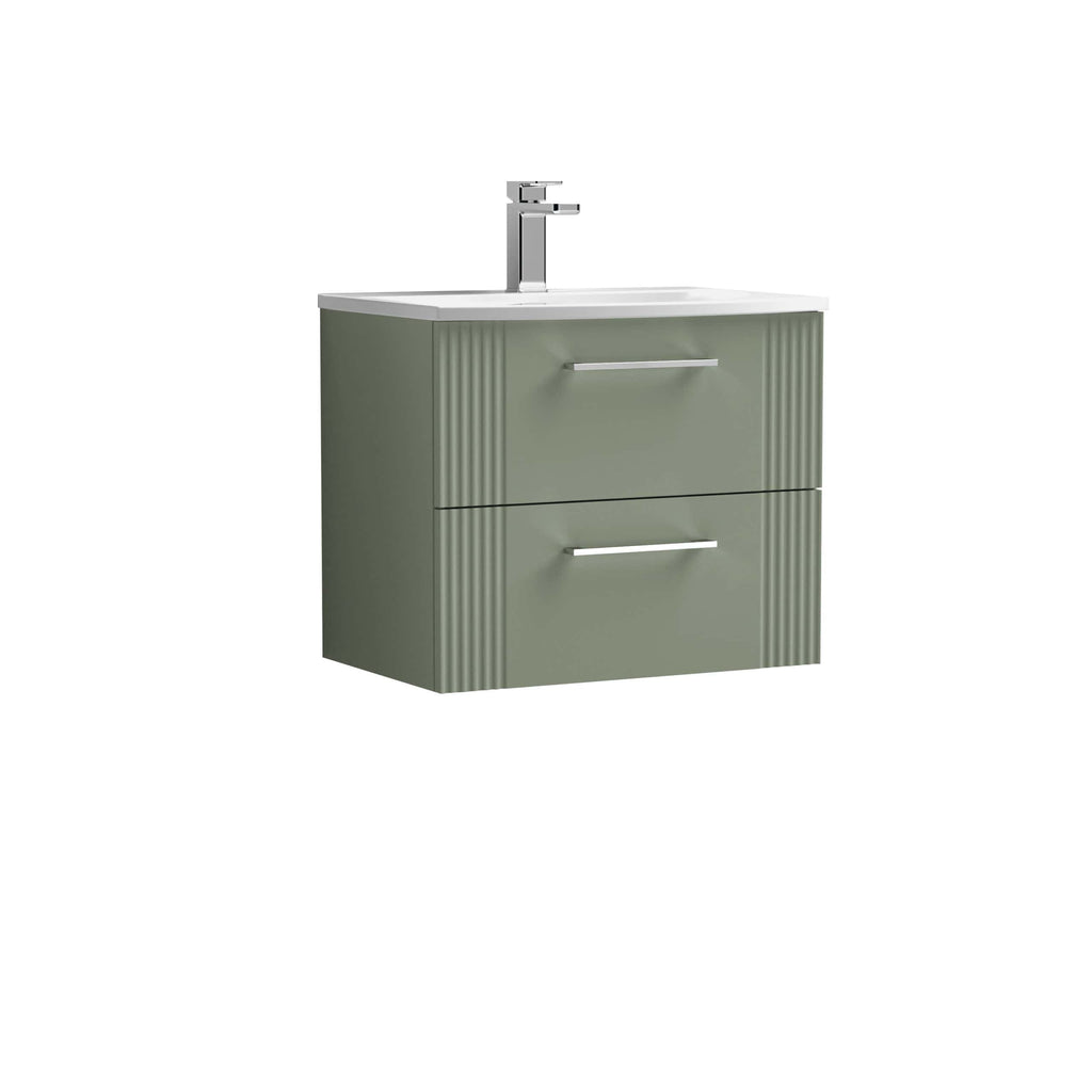 Modern green bathroom vanity with integrated sink and chrome faucet, featuring sleek handles and ribbed side panels for stylish bathroom storage solutions.