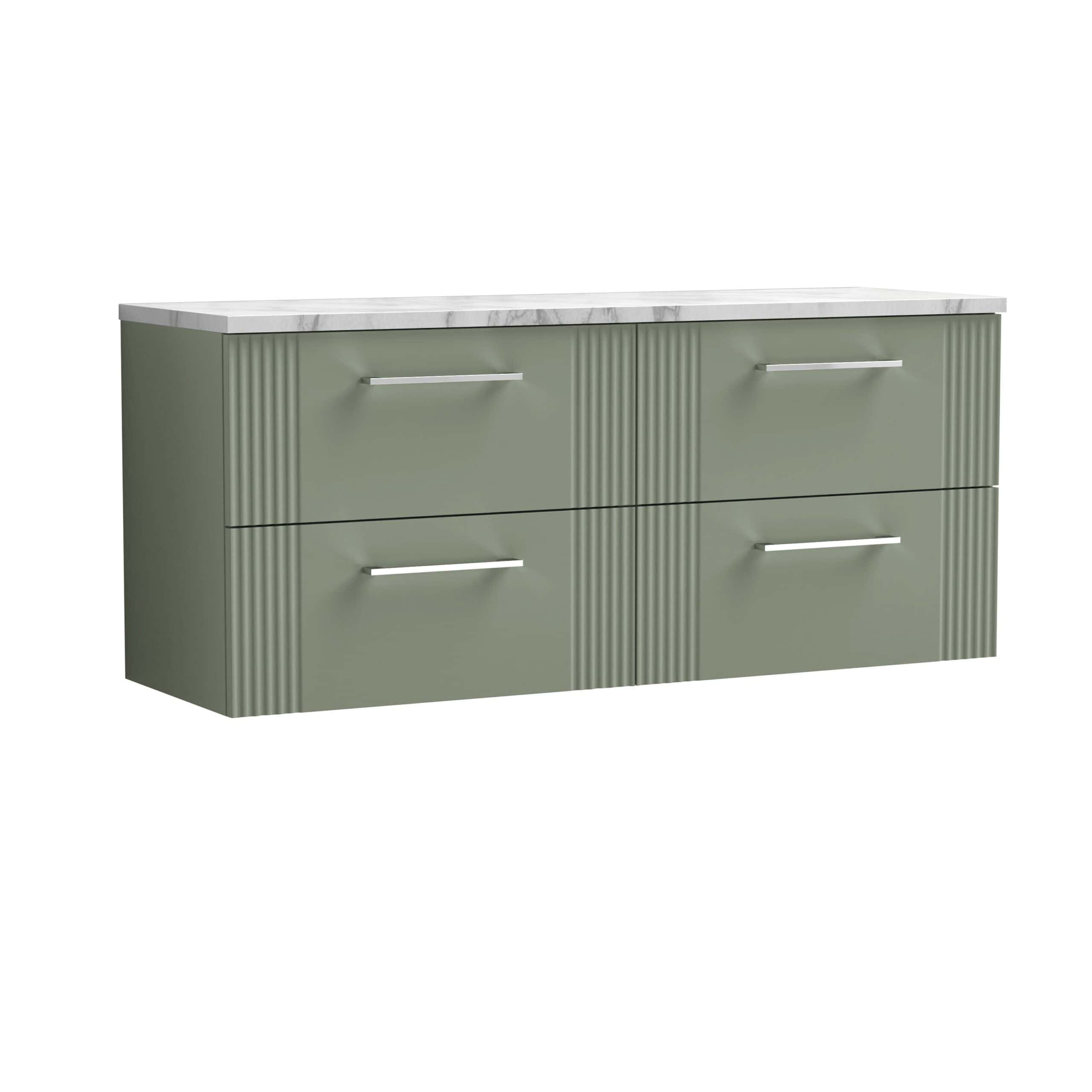 Contemporary green bathroom vanity unit with four drawers, modern silver handles, and a white marble top for stylish bathroom storage solutions.