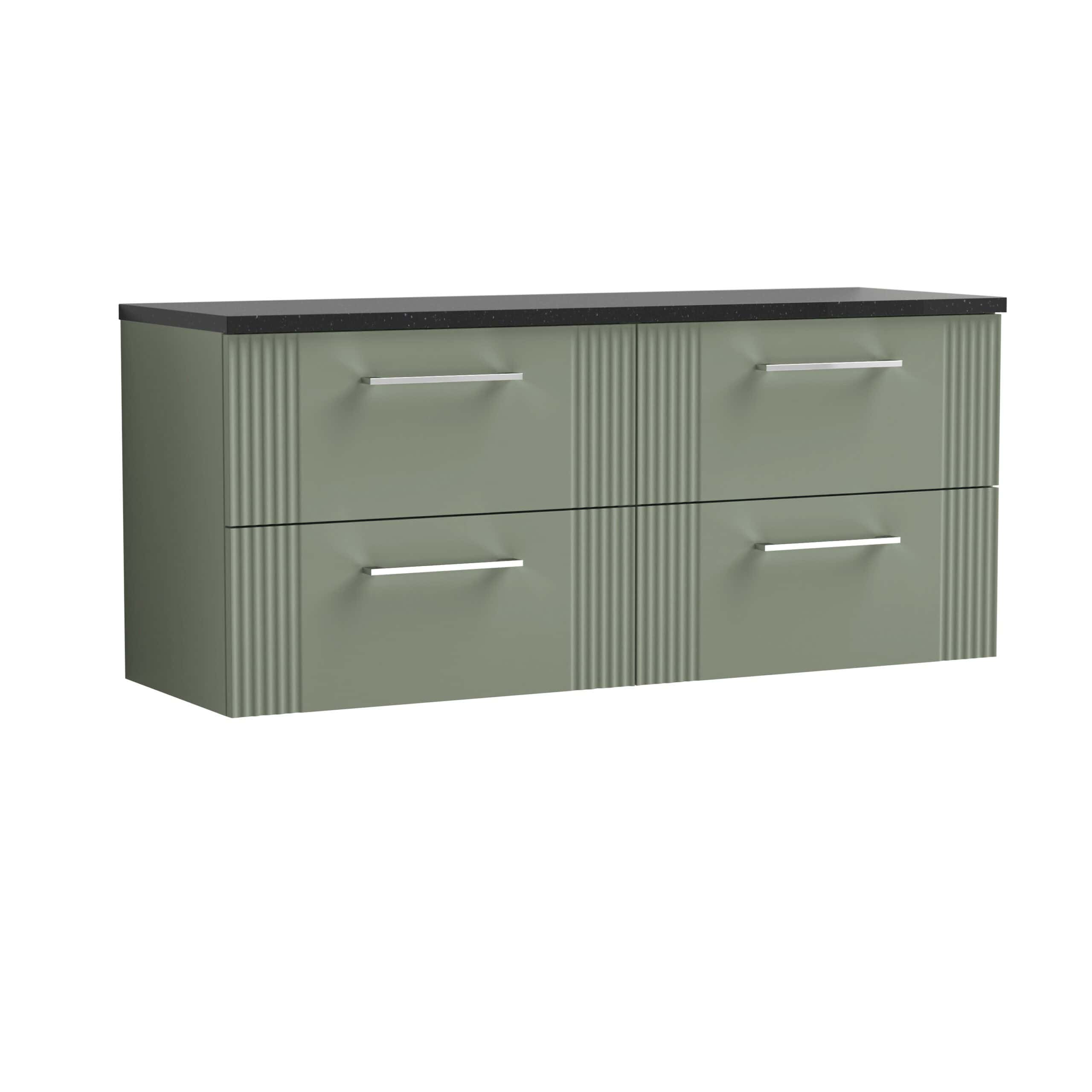 Sleek modern grey bathroom vanity unit with four spacious drawers, black countertop, and minimalist metal handles, ideal for contemporary bathroom storage solutions.