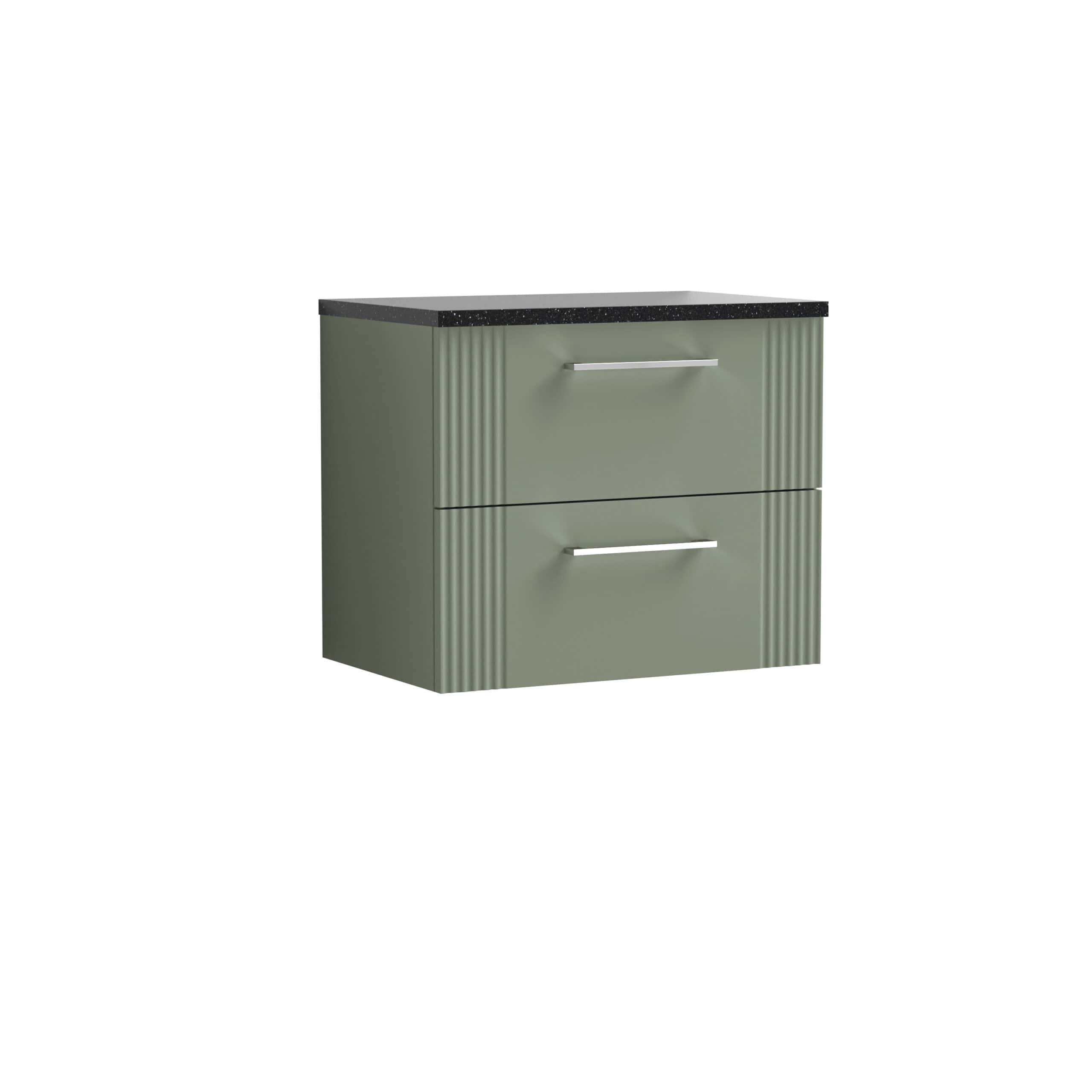 Sleek green bathroom vanity unit with two drawers and a black countertop, modern design, ideal for contemporary bathrooms, durable storage solution, Bubly Bathrooms.